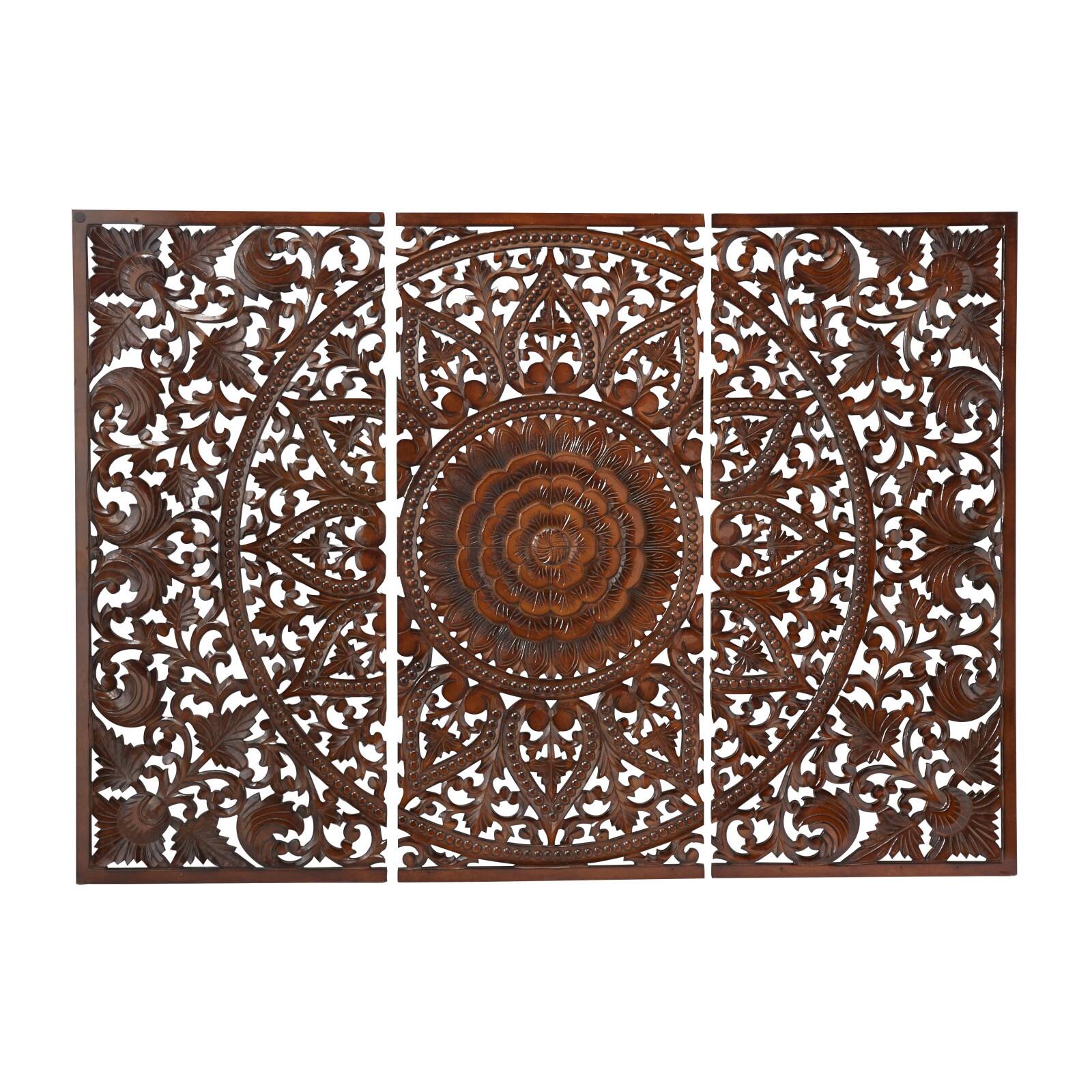 Brown Wood Handmade Intricately Carved Floral Wall Decor with Mandala Design Set of 3 22&#x22;, 48&#x22;