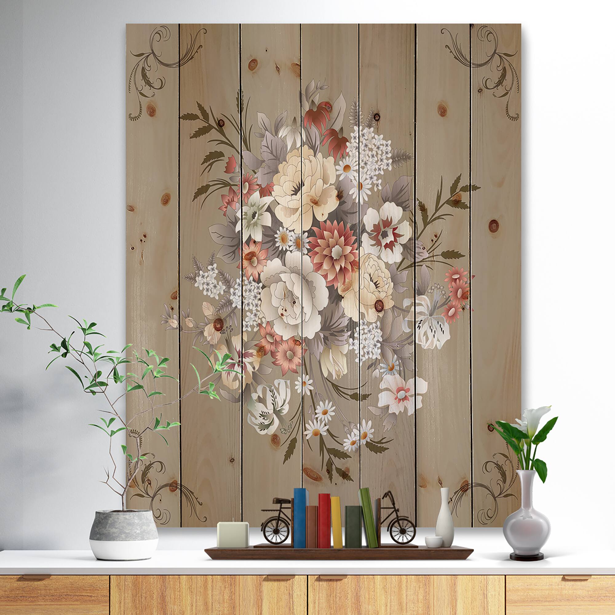Designart - White and Yellow Floral Pattern - Floral Print on Natural Pine Wood