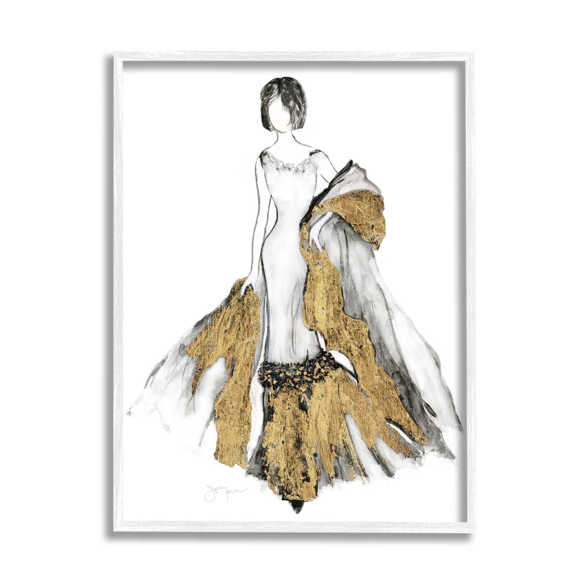 Stupell Industries Fashion Figure Drawing Female Glam Evening Gown Gold Framed Wall Art