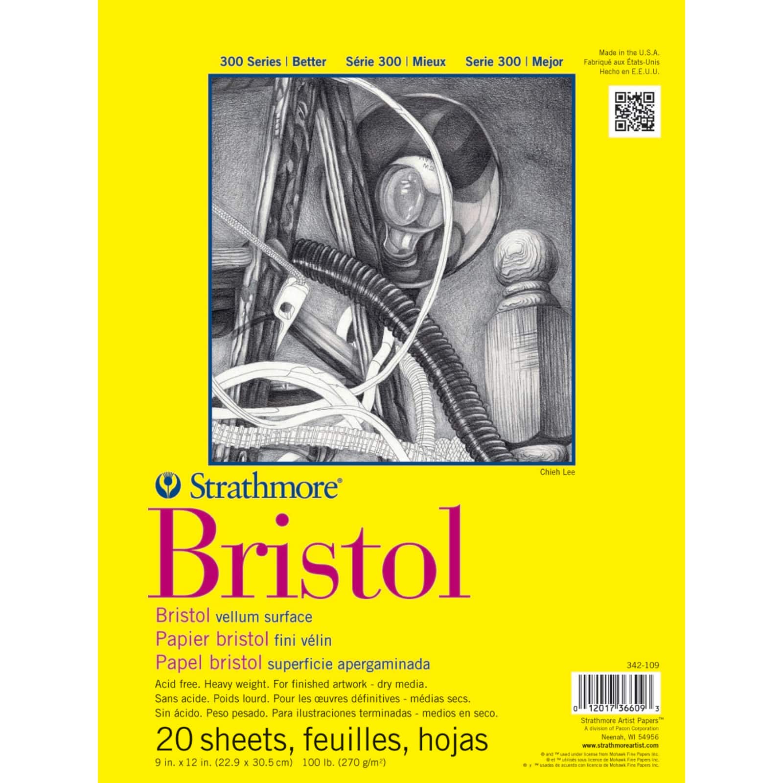 Strathmore Bristol Paper Pad, 300 Series, Tape-Bound, 20 Sheets, Vellum, 9&#x22; x 12&#x22;