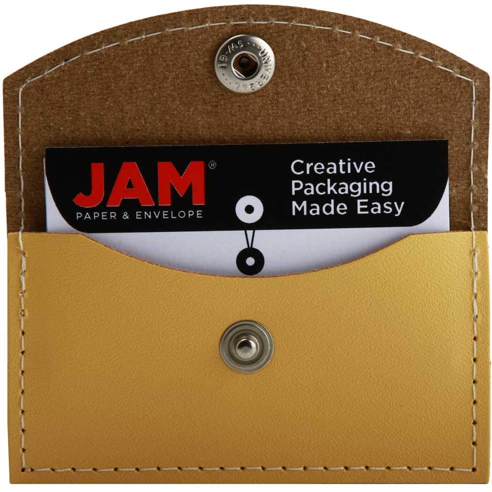 JAM Paper White &#x26; Yellow Leather Business Card Holder Case with Snap Closure