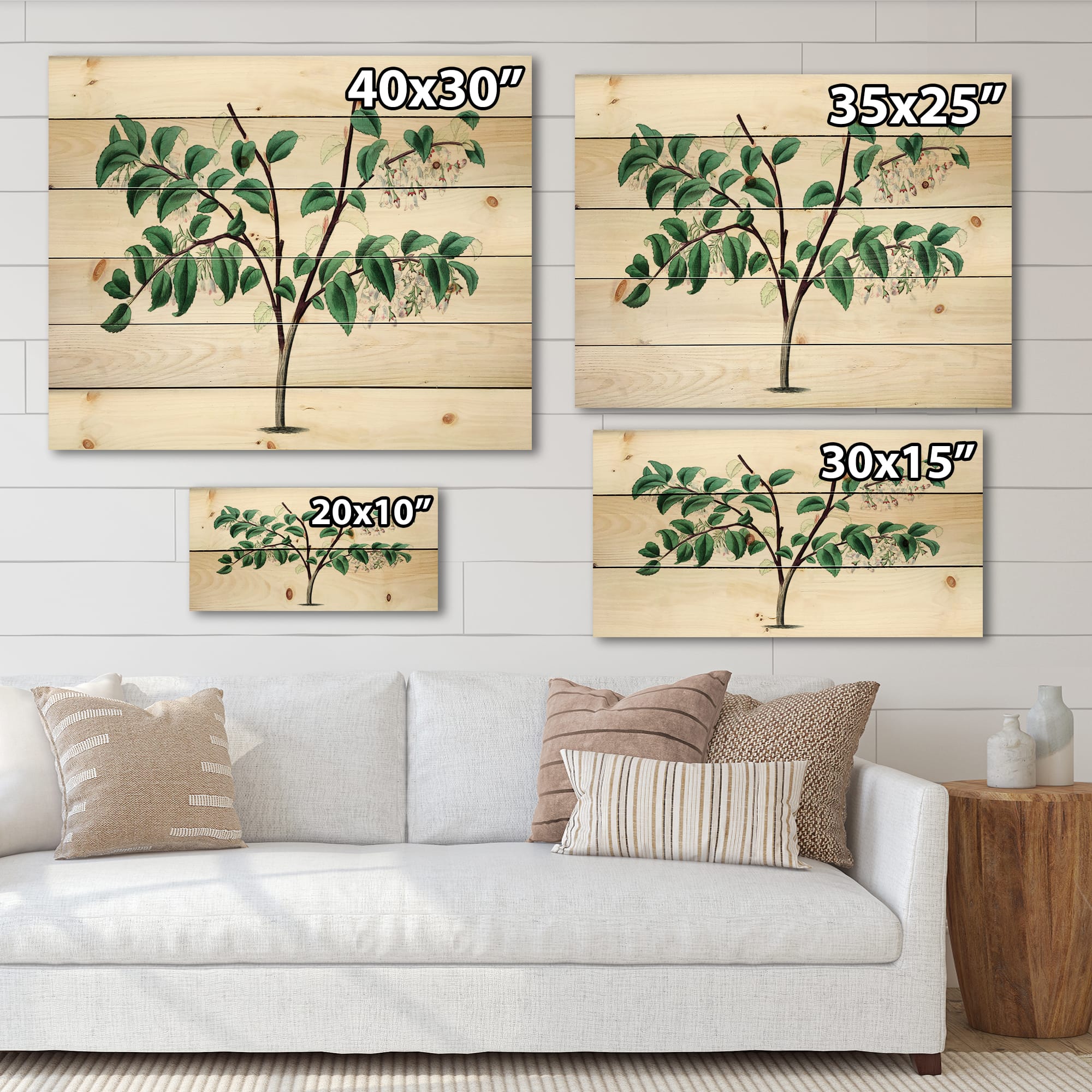 Designart - Vintage Green Leaves Plants I - Traditional Print on Natural Pine Wood