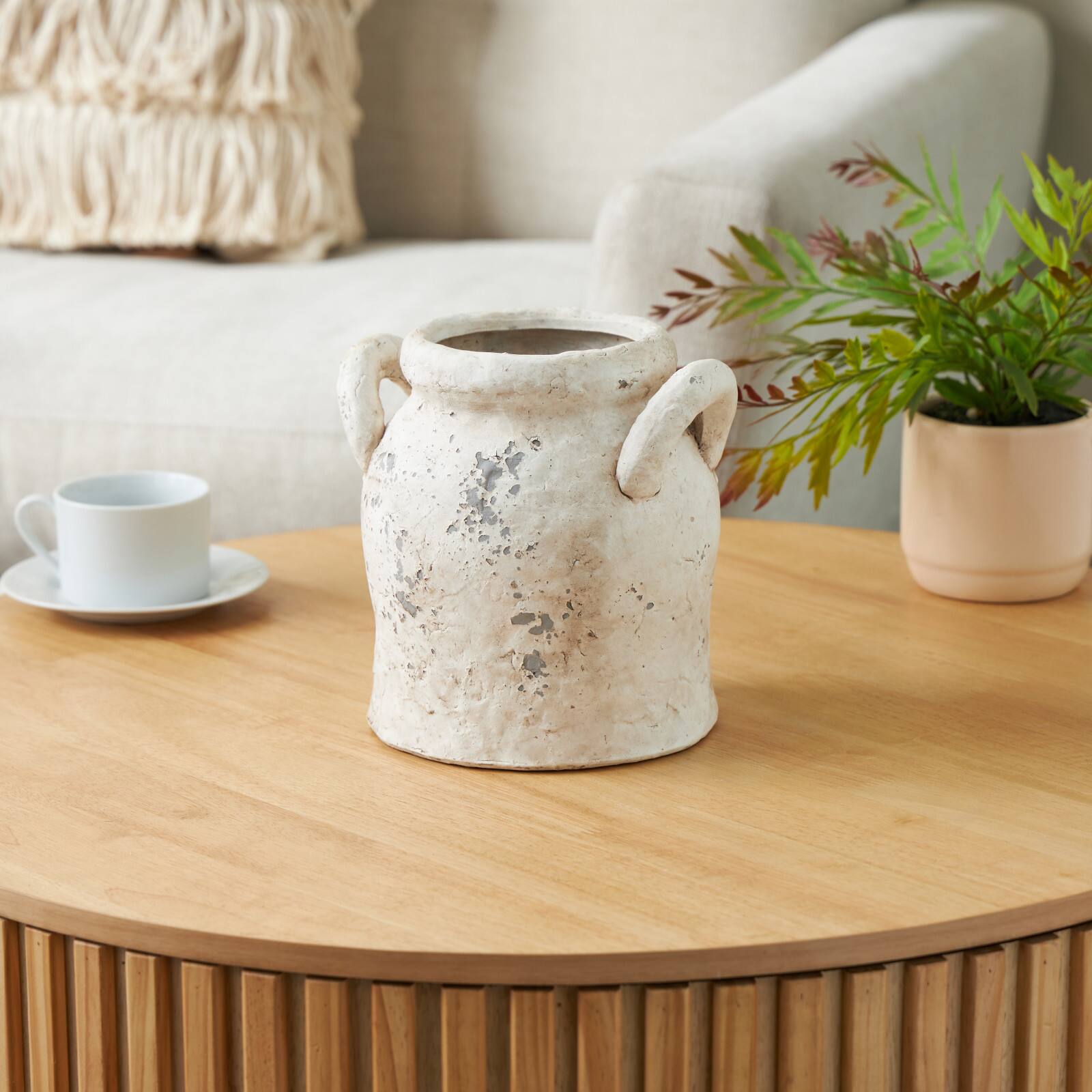 8.25" Cream Ceramic Antique Style Distressed Decorative Vase with Handles