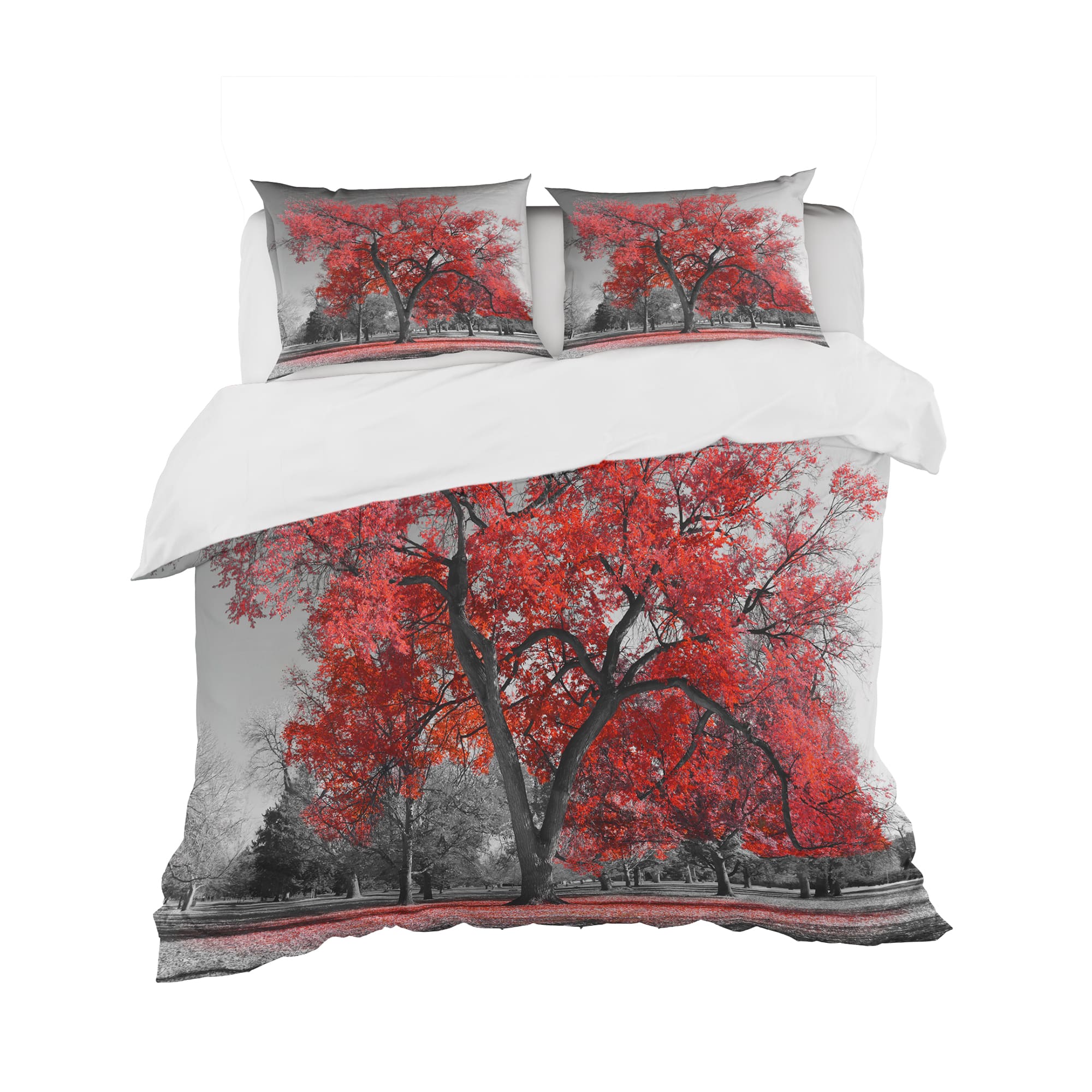 Designart &#x27;Big Red Tree on Foggy Day&#x27; Traditional Bedding Set - Duvet Cover &#x26; Shams