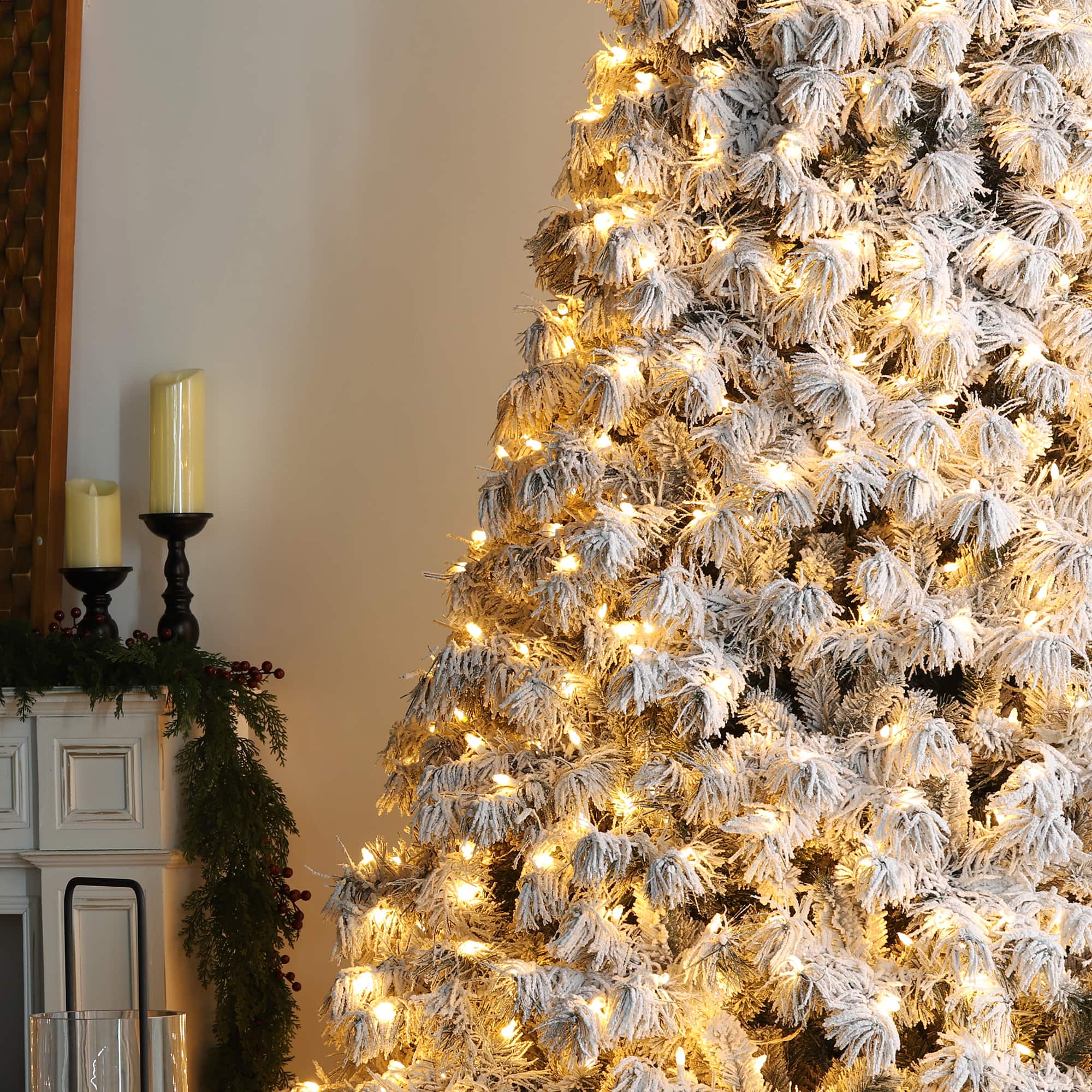 Glitzhome® 9ft Pre-Lit Flocked Full Spruce Artificial Christmas Tree, Warm White LED Lights