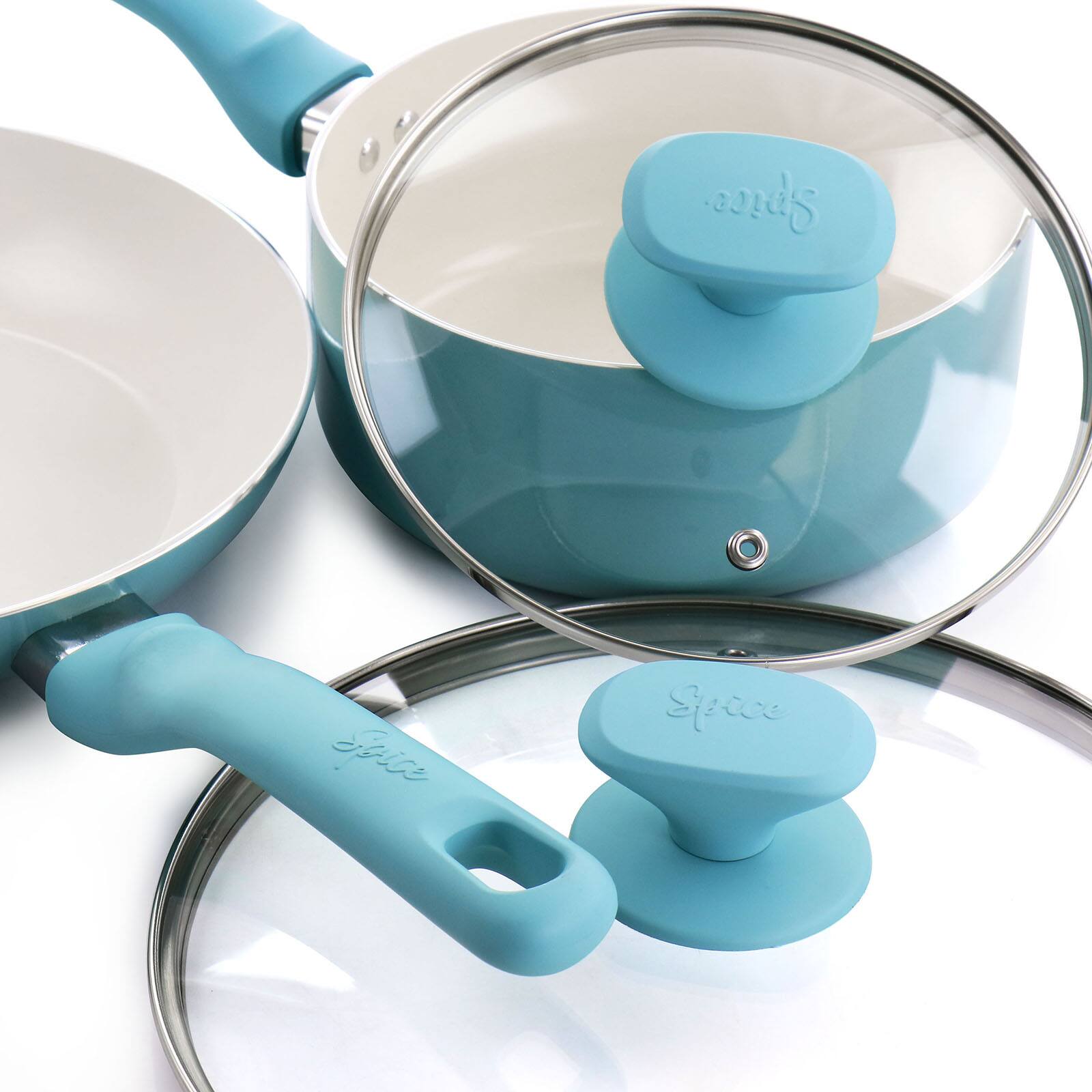 Spice by Tia Mowry Savory Saffron Light Blue 7 Piece Ceramic Nonstick Aluminum Cookware Set with Nylon Utensils