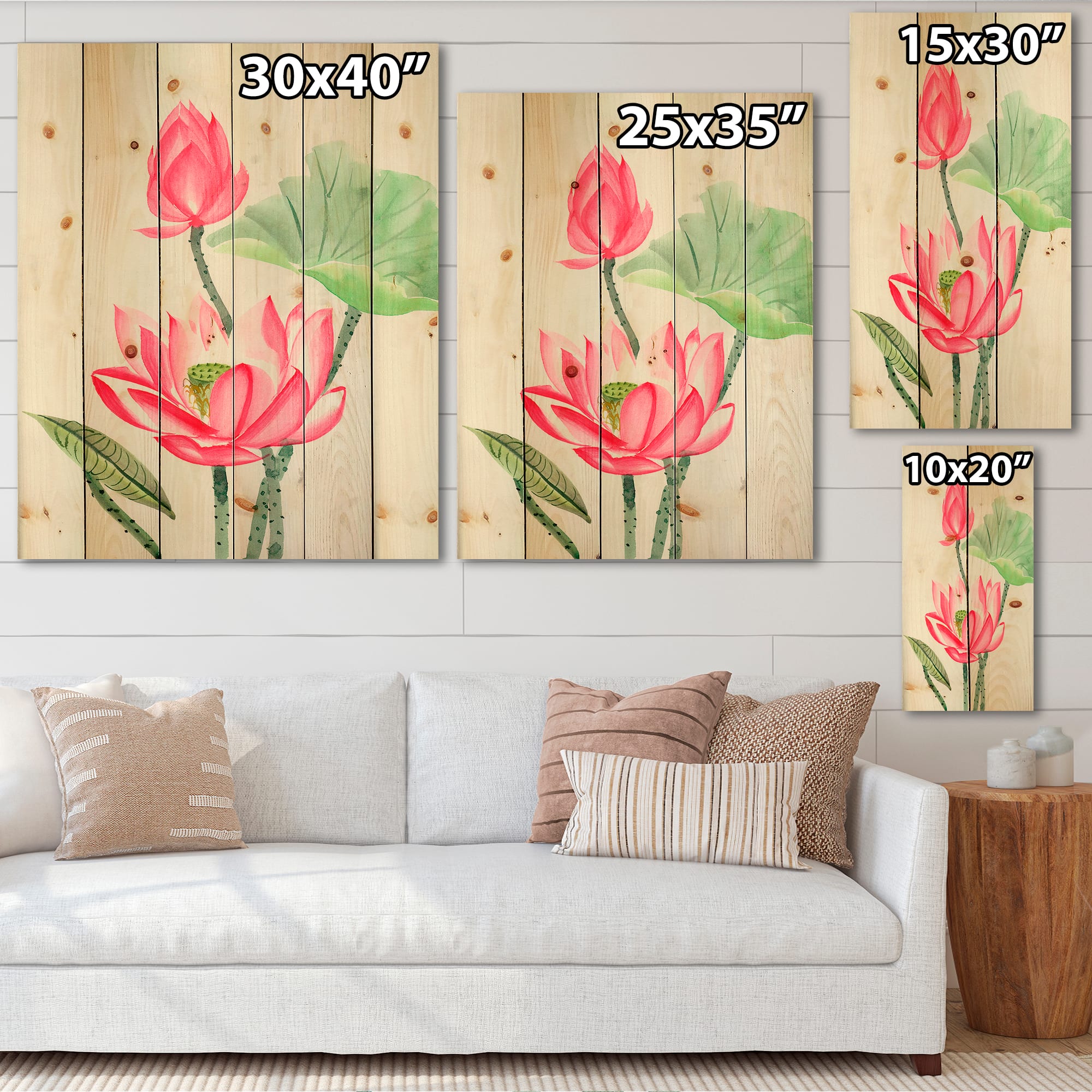 Designart - Vintage Pink Lotus Flower - Traditional Print on Natural Pine Wood