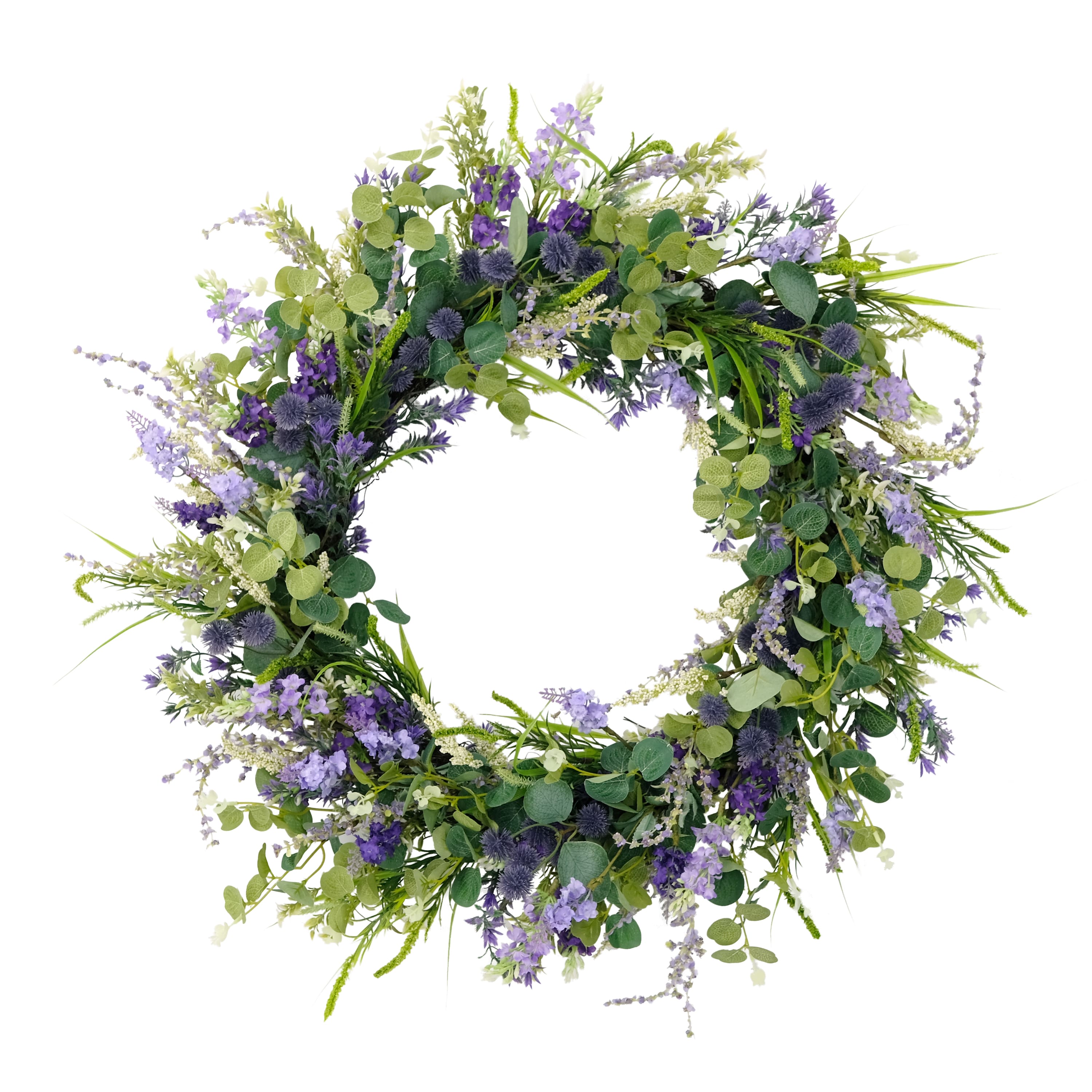 6 Pack: 30'' Green Eucalyptus & Purple Floral Spring Wreath