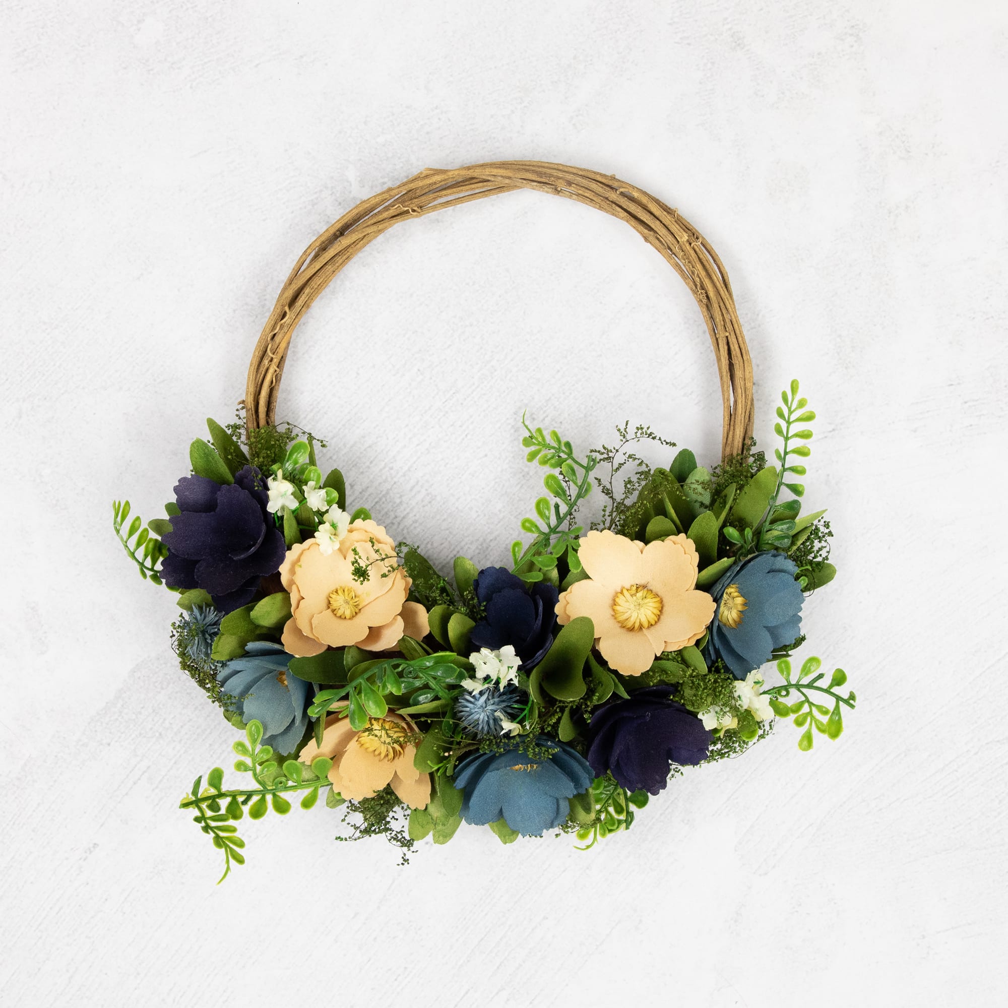 12" Blue & Tan Poppy Floral Wooden Spring Basket Wreath