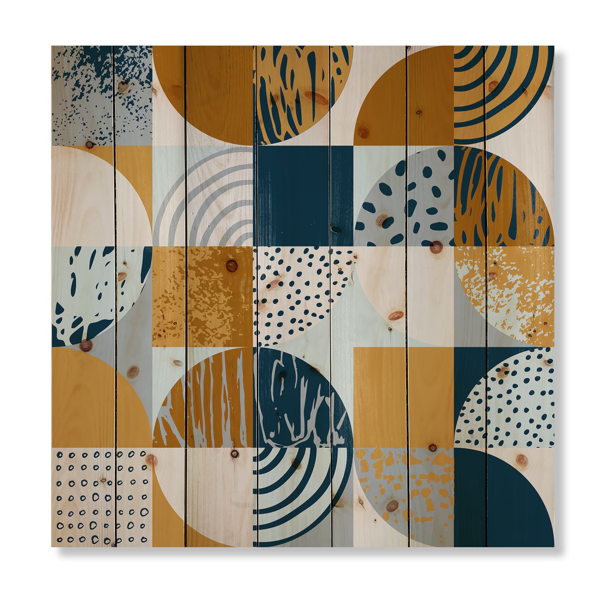 Designart - Retro Semicircles Circles and Squares - Modern Print on Natural Pine Wood