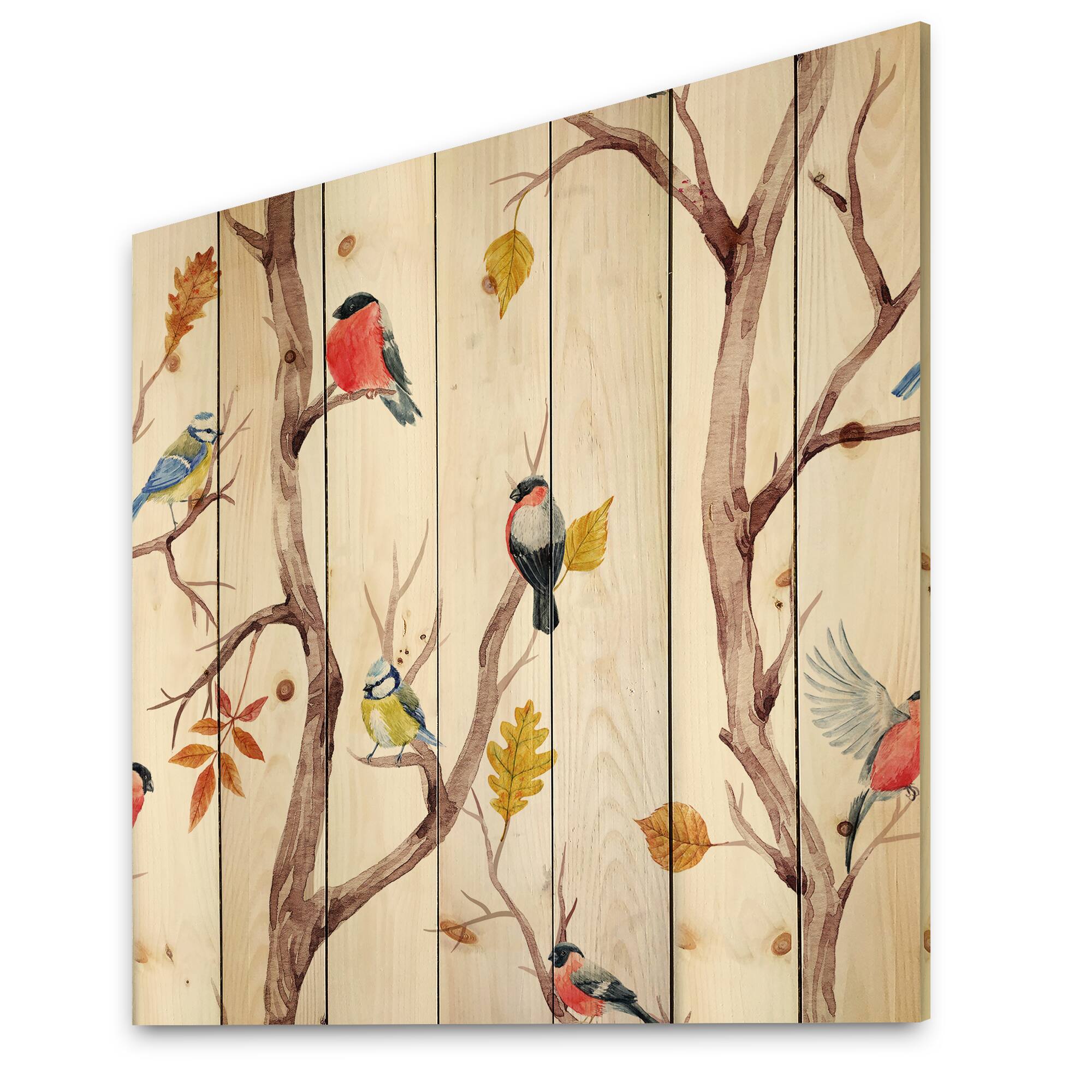 Designart - Fall Trees and Little Birds - Traditional Print on Natural Pine Wood