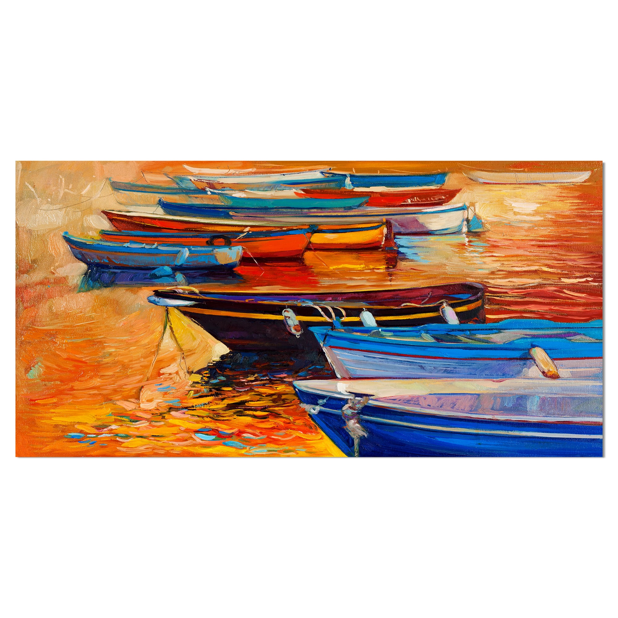 Designart - Wooden Boats in Calm Water - Nautical Painting Print on Wrapped Canvas