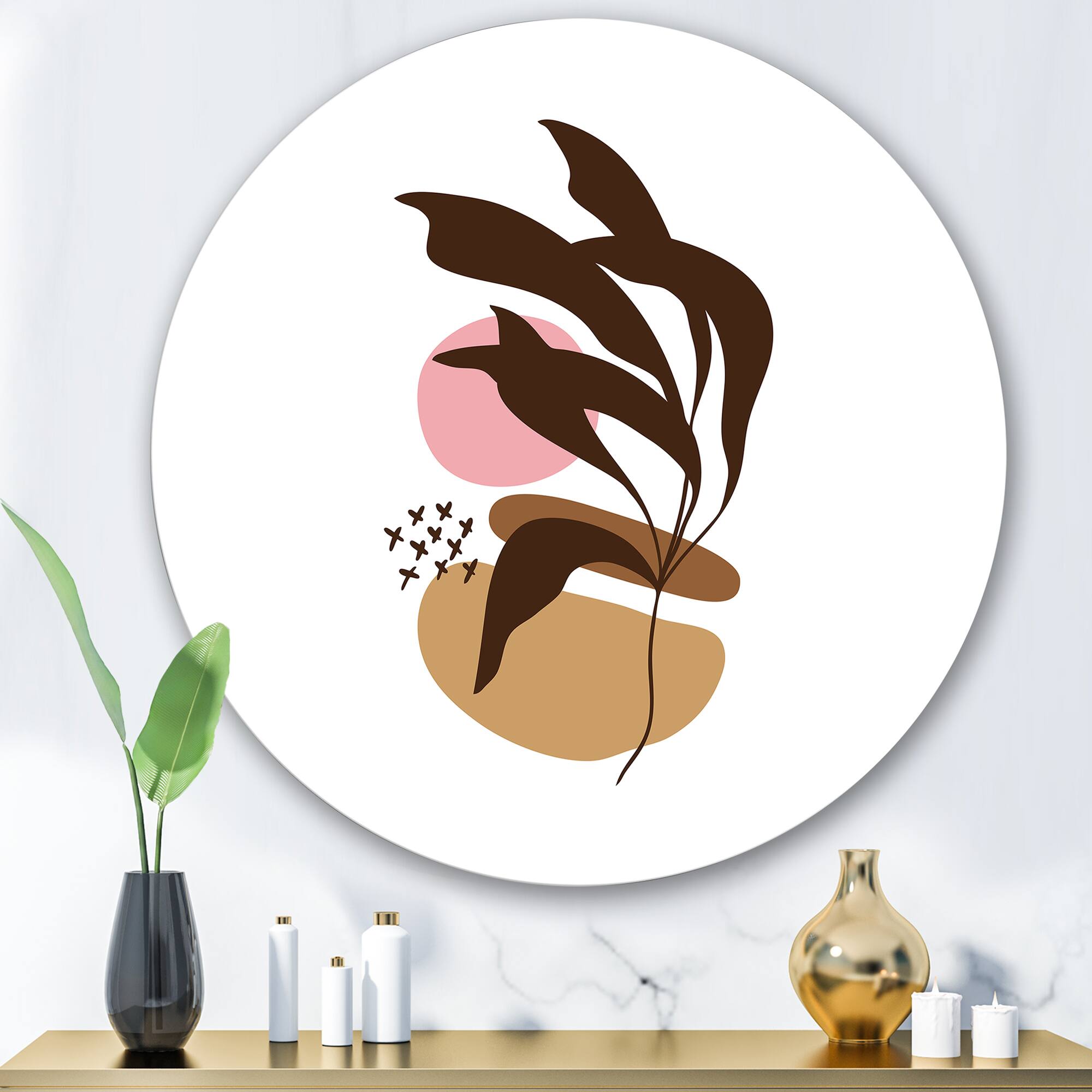 Designart - Elementary Shapes With Abstract Plants - Modern Metal Circle Wall Art