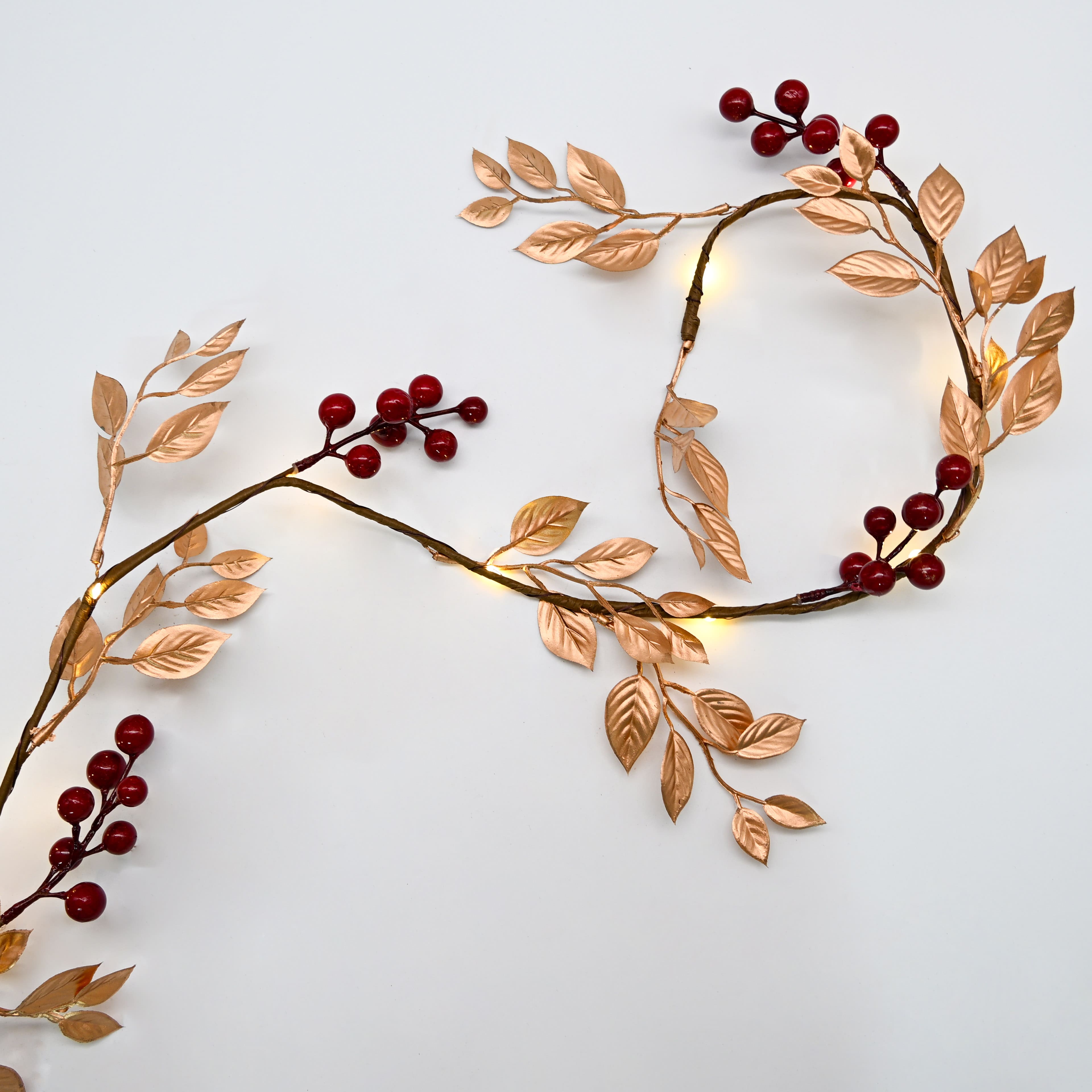 18ct. Warm White LED Red Berry &#x26; Gold Leaf Garland String Lights on Brown Wire by Ashland&#xAE;