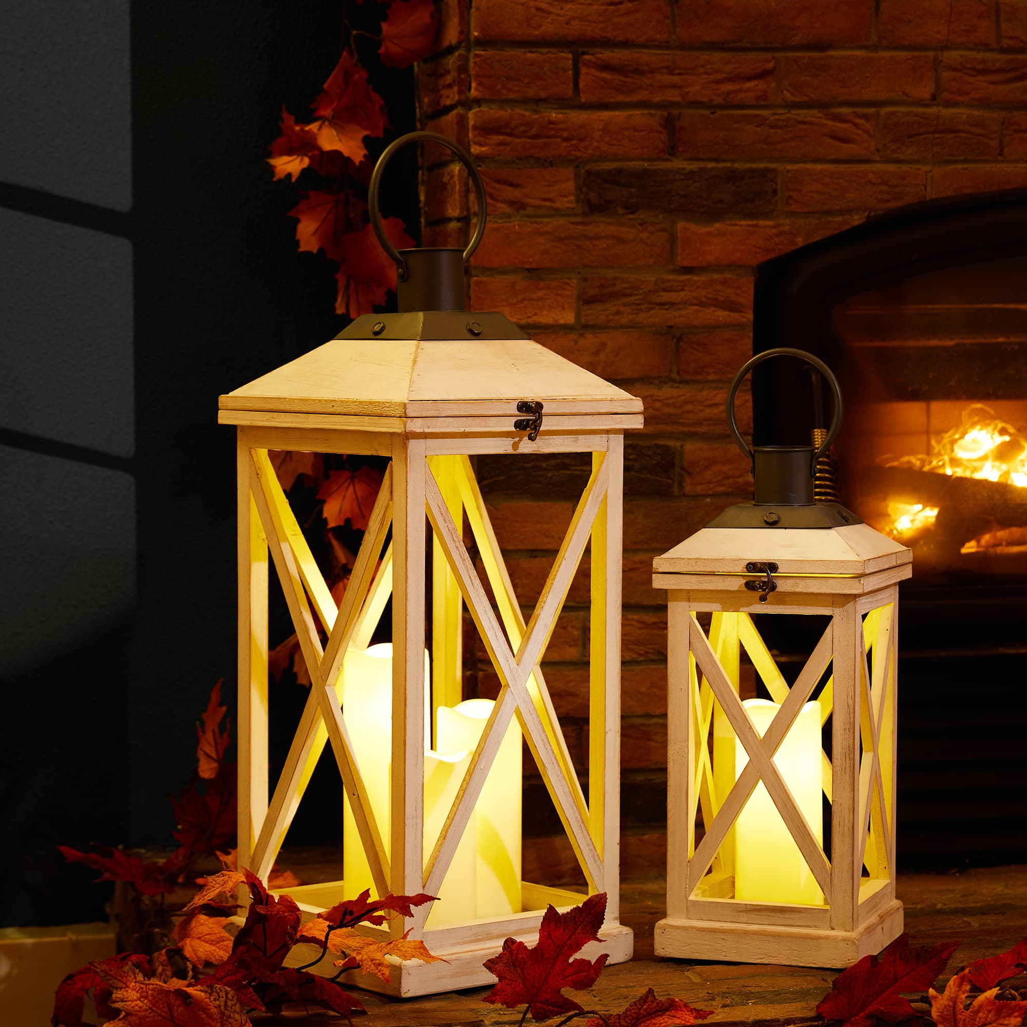 Modern Farmhouse White Wooden Lantern Set, 24" & 17"