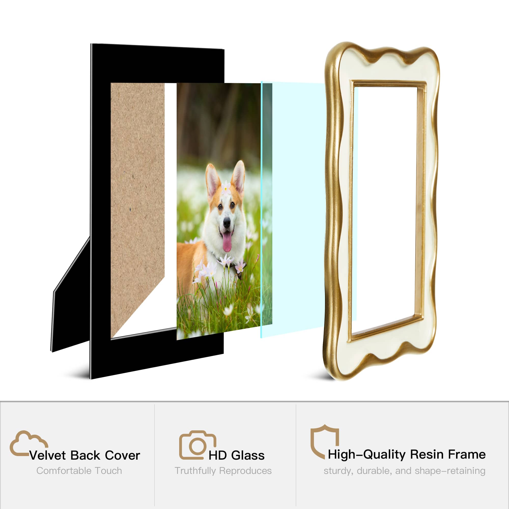 Glitzhome&#xAE; Vintage White with Gold Wavy Edge Tabletop Picture Frame Set