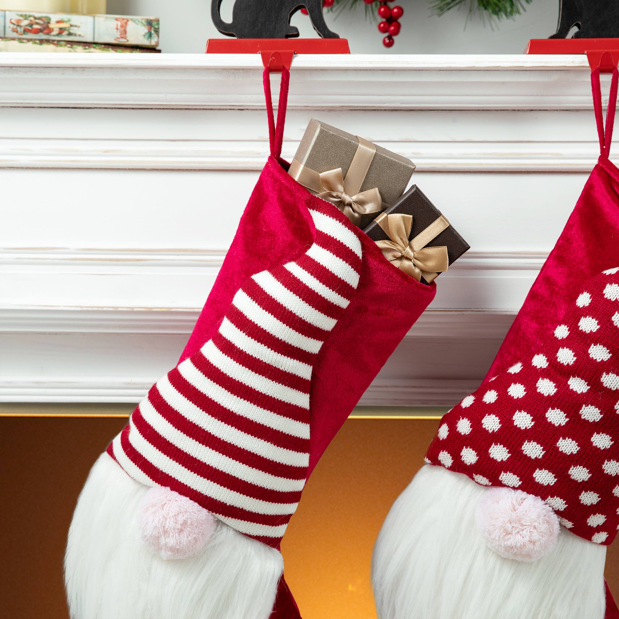 Glitzhome&#xAE; 21.75&#x27;&#x27; 3D Fabric Christmas Gnome Stripes &#x26; Dots Stocking