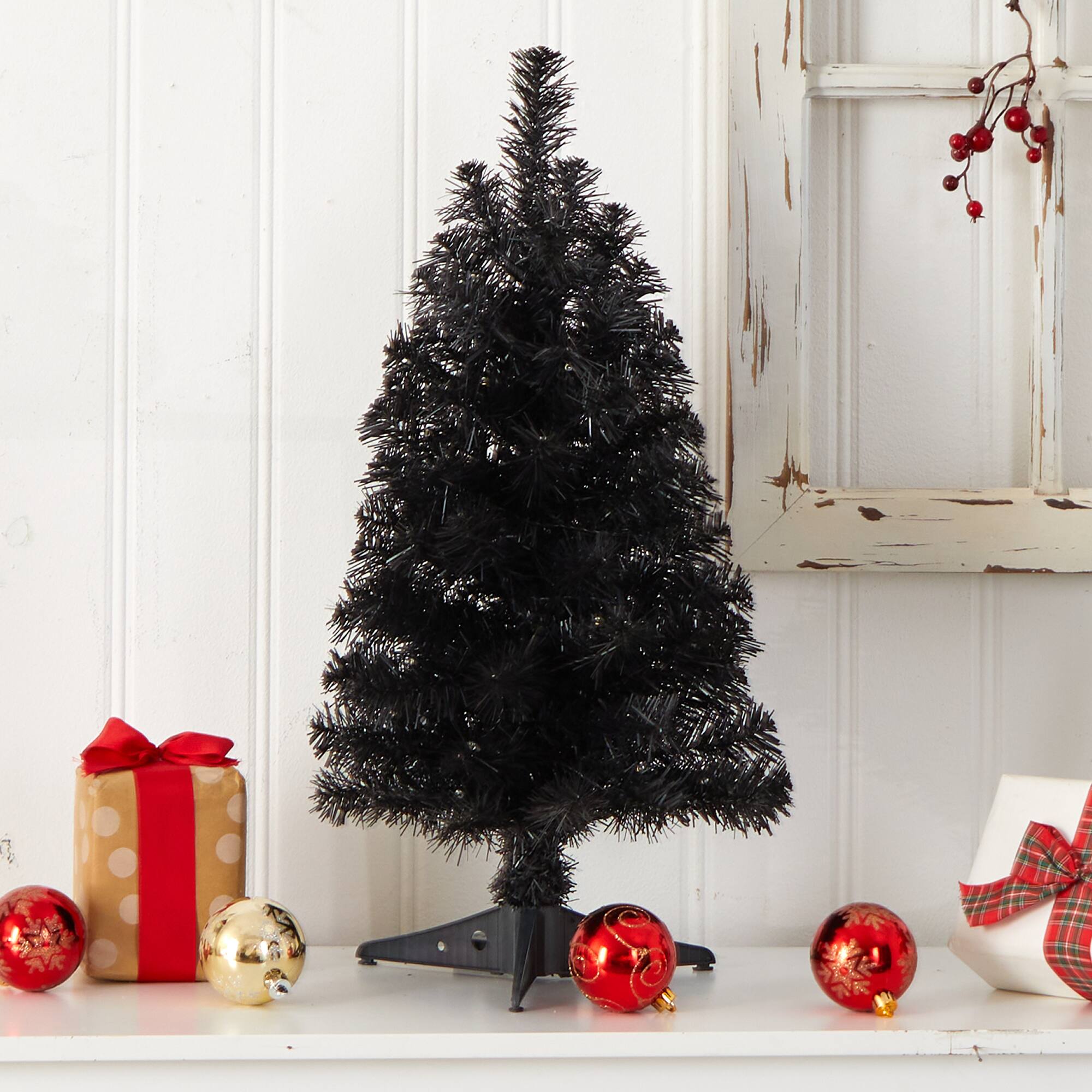2ft. Pre-Lit Black Artificial Christmas Tree, Warm White LED Lights