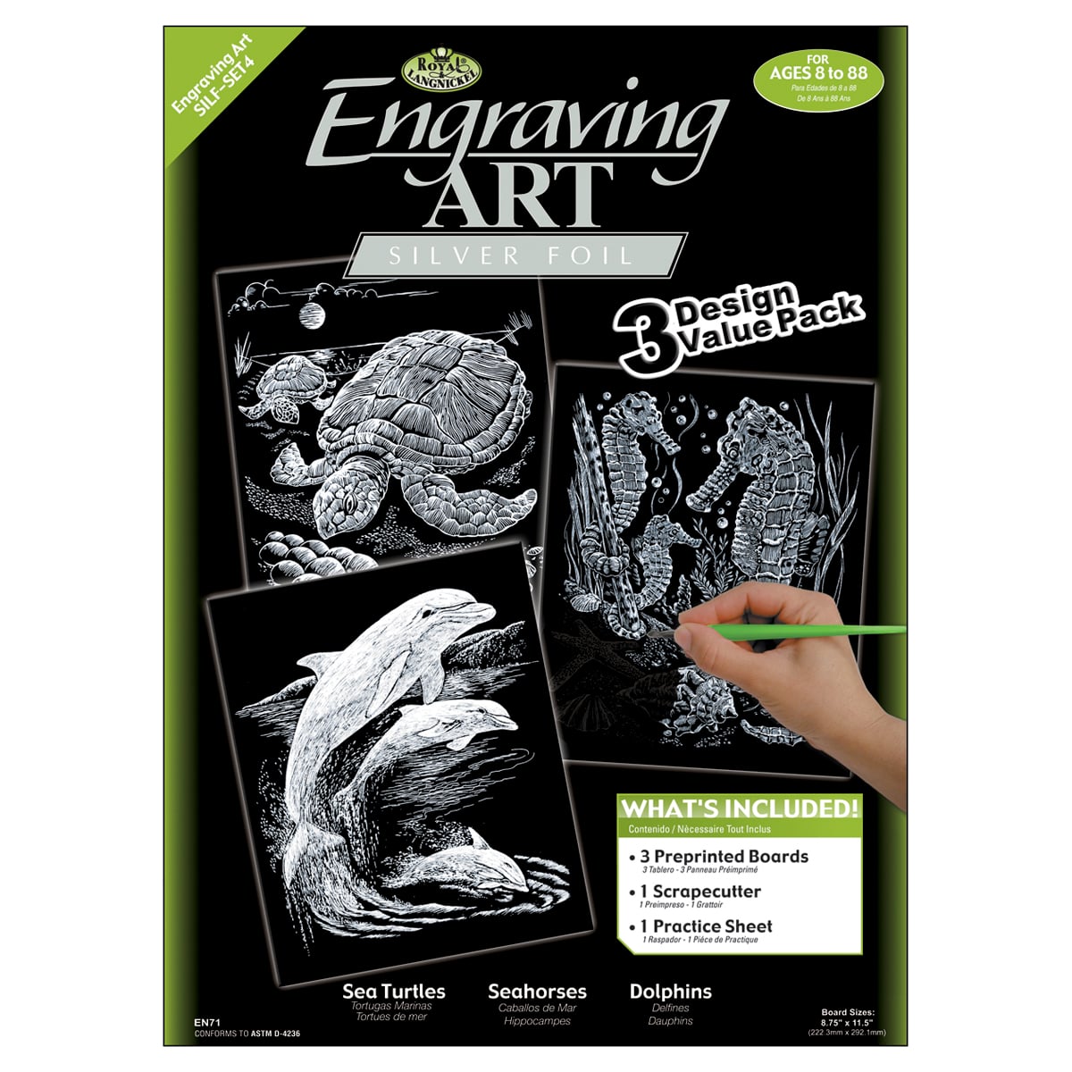 Royal &#x26; Langnickel&#xAE; Engraving Art&#x2122; Turtle, Sea Horse &#x26; Dolphins Silver Foil Value Pack Kit
