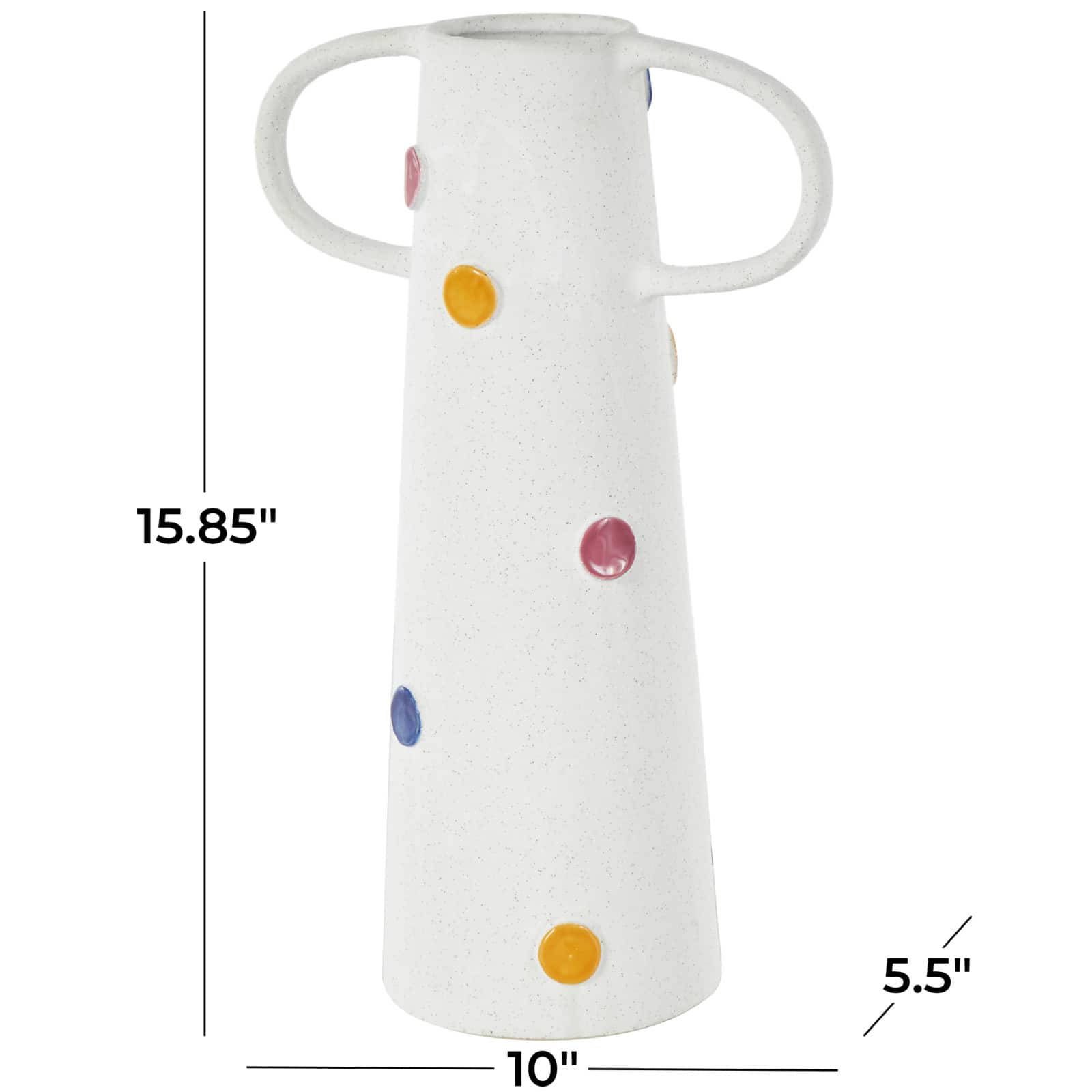 16" White & Multicolor Spots Slim Cone Ceramic Decorative Vase with Handles