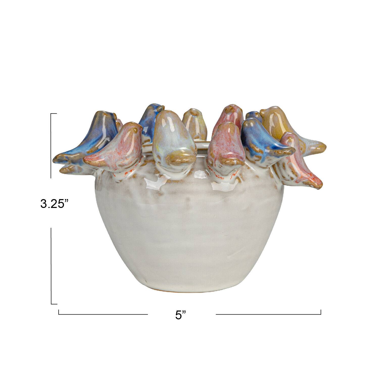 Hello Honey® 5" Multicolor Reactive Glaze Stoneware Planter with Birds on Rim