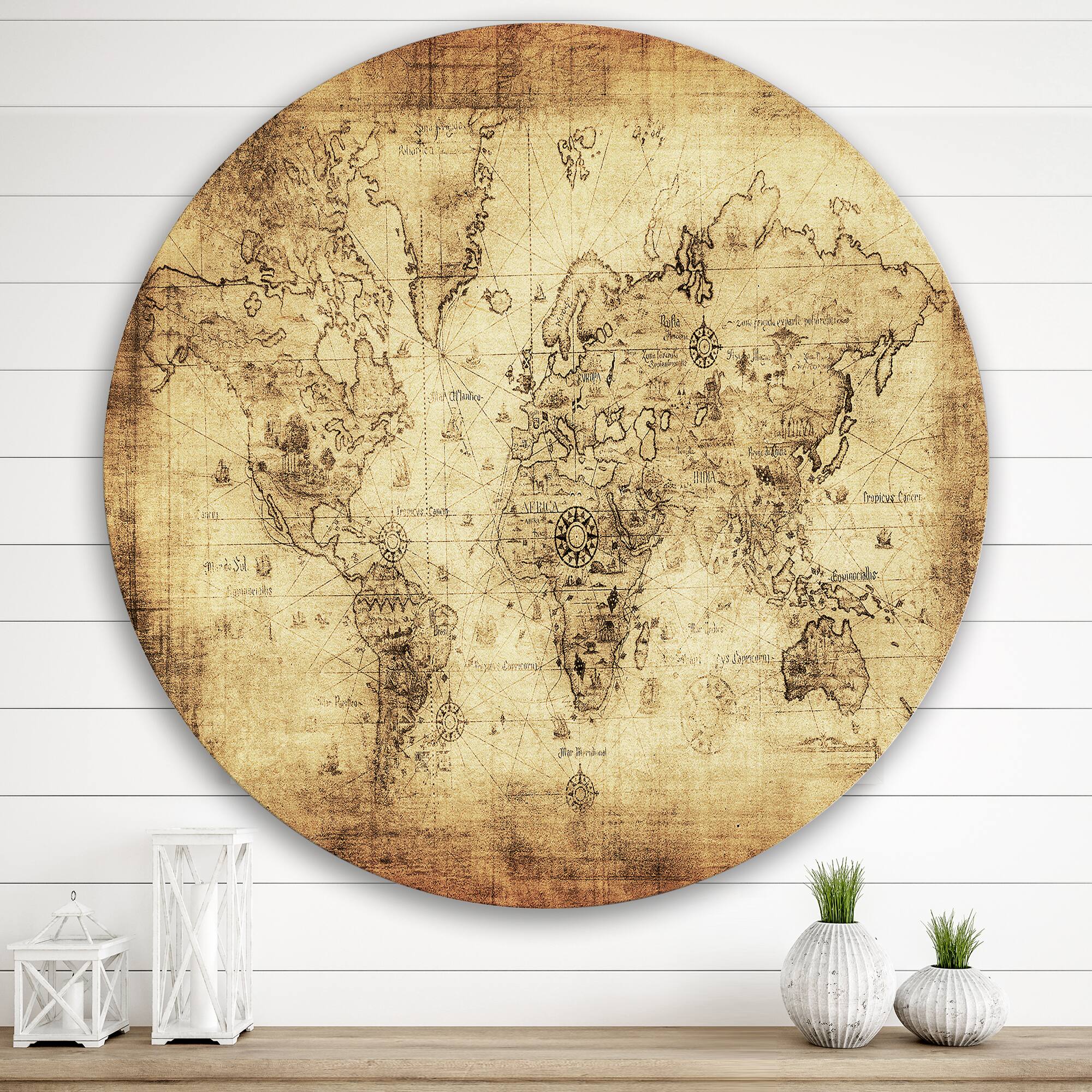 Designart - Ancient Map of The World IV - Vintage Metal Circle Wall Art