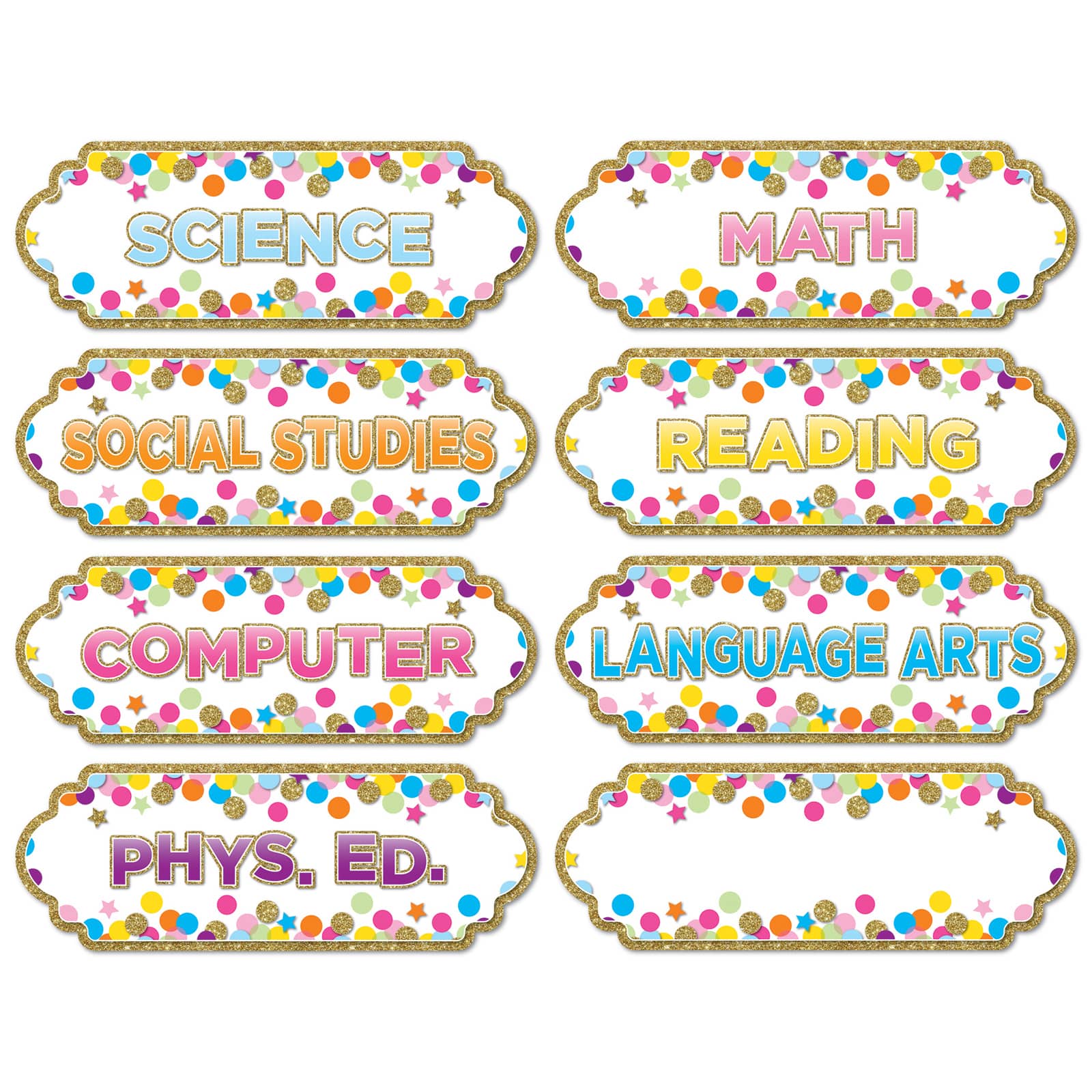 Ashley Productions Confetti Classroom Subjects Magnetic Die-Cut Timesavers &#x26; Labels, 6 Packs of 8