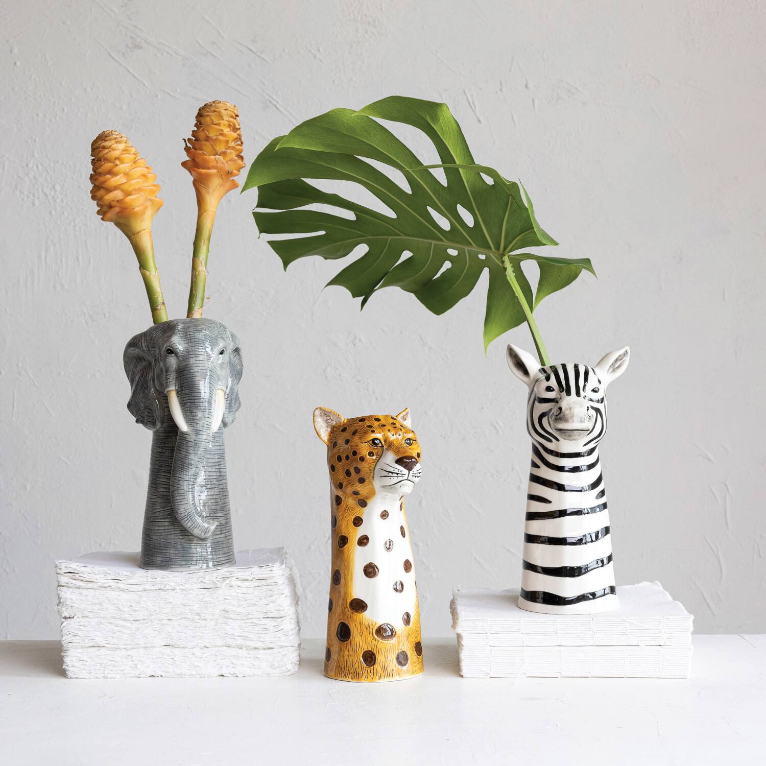 Hello Honey® 11" Gray & White Hand-Painted Decorative Stoneware Elephant Vase