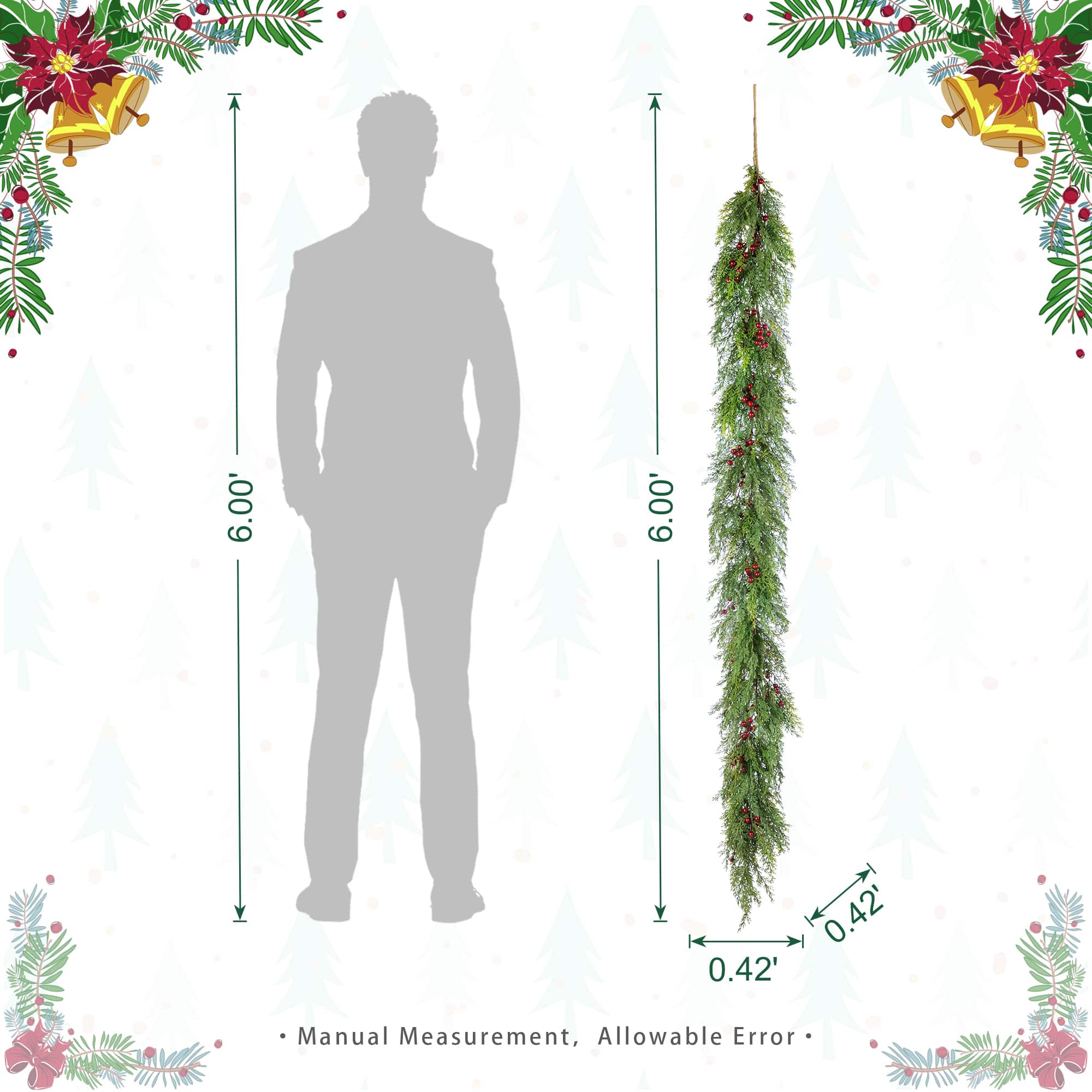 Glitzhome® 6ft Christmas Greenery PE Cedar Garland with Red Berries, 2ct.