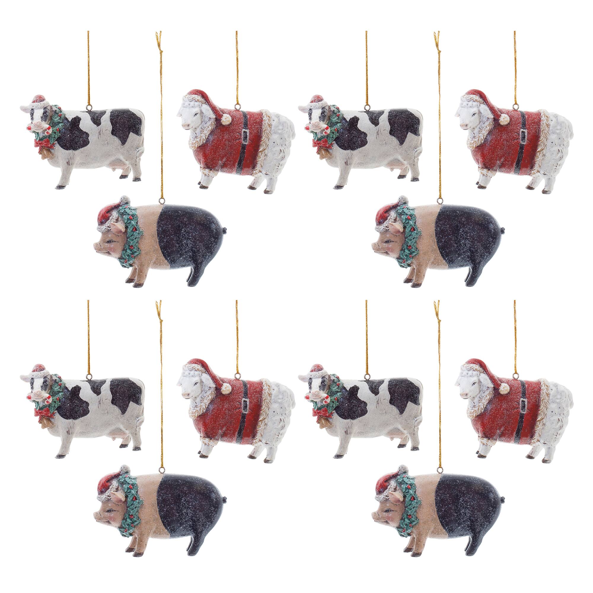 3.5&#x22; Glittered Holiday Farm Animal Ornament Set