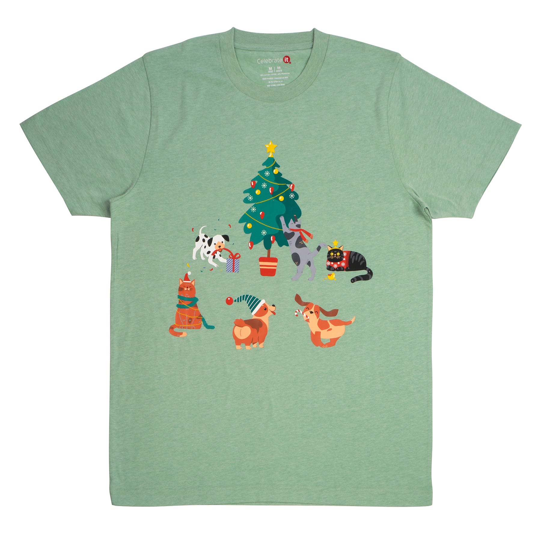 Holiday Pets &#x26; Christmas Tree Adult Crew Neck T-Shirt by Celebrate It&#x2122;