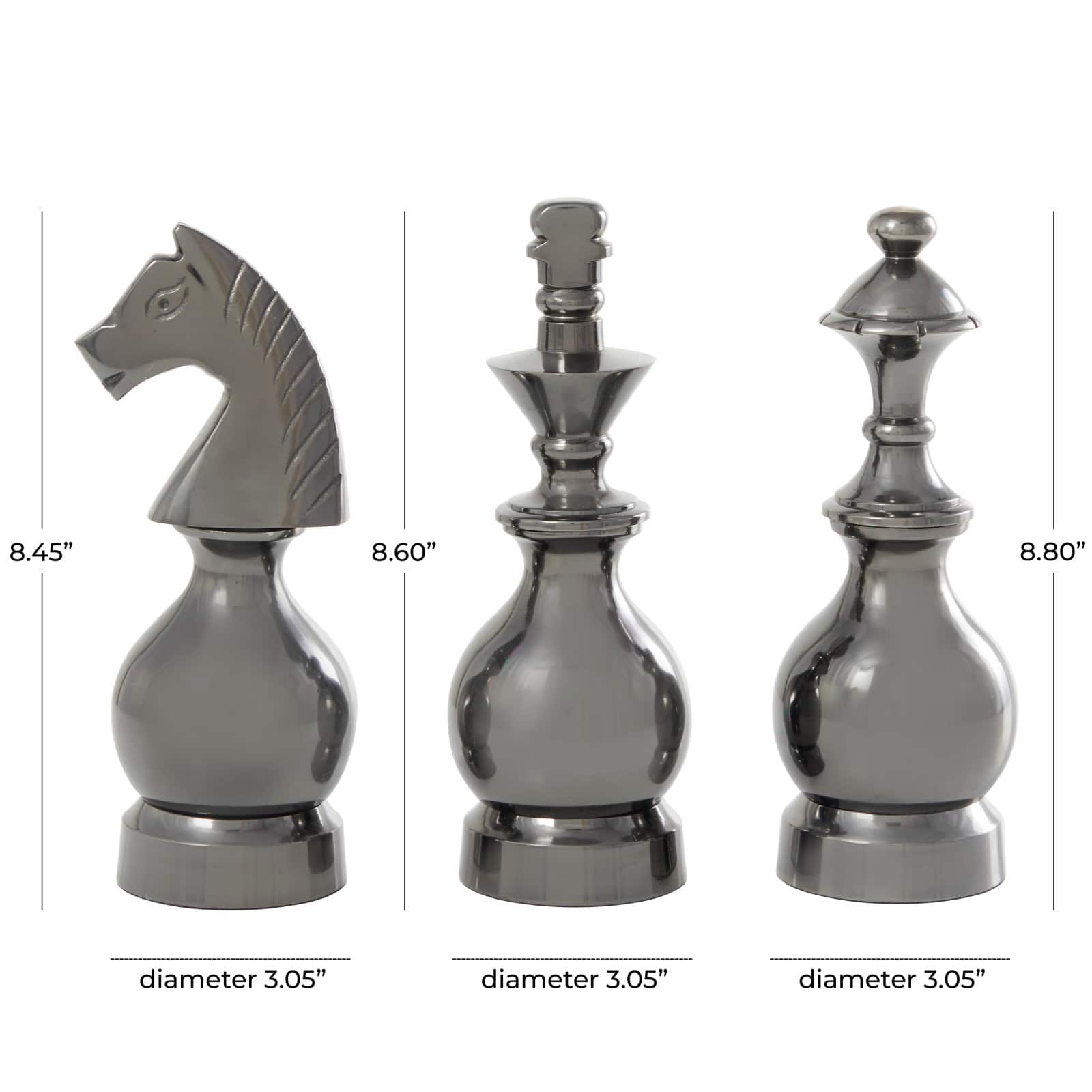 Gray Aluminum King, Knight and Bishop Chess Sculpture Set