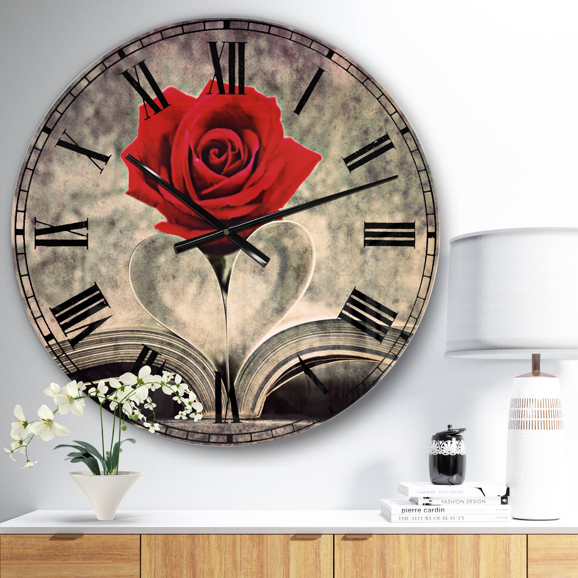 Designart 'Red Rose Inside The Book Modern Wall Clock