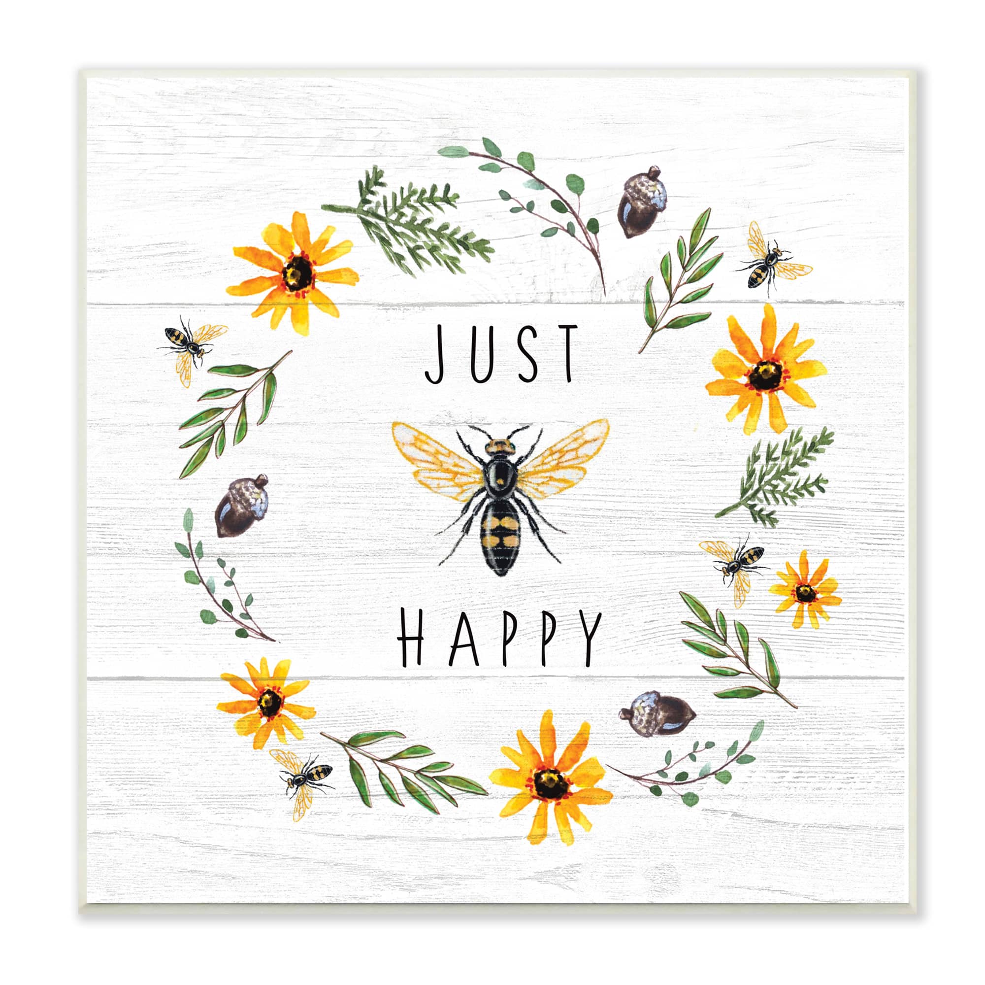 Stupell Industries Just Bee Happy Pun Phrase Yellow Daisy Wreath, 12" x 12"