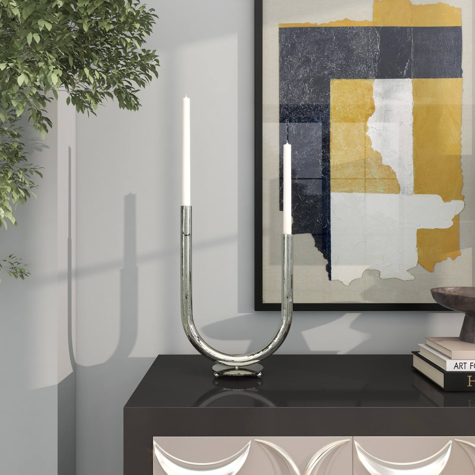 14" Silver Stainless Steel Abstract U-Shaped Candelabra