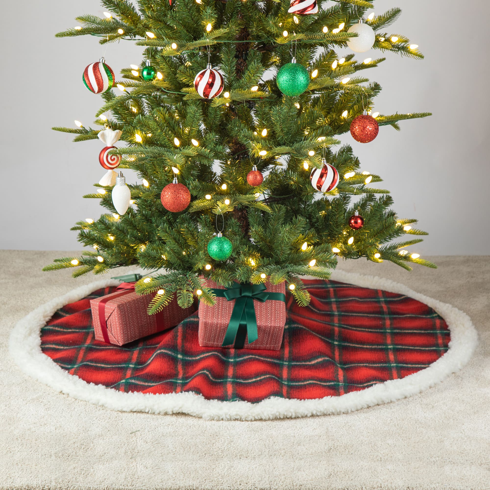 Glitzhome® 48" Red & Black Plaid Reversible Sherpa/Flannel Christmas Tree Skirt