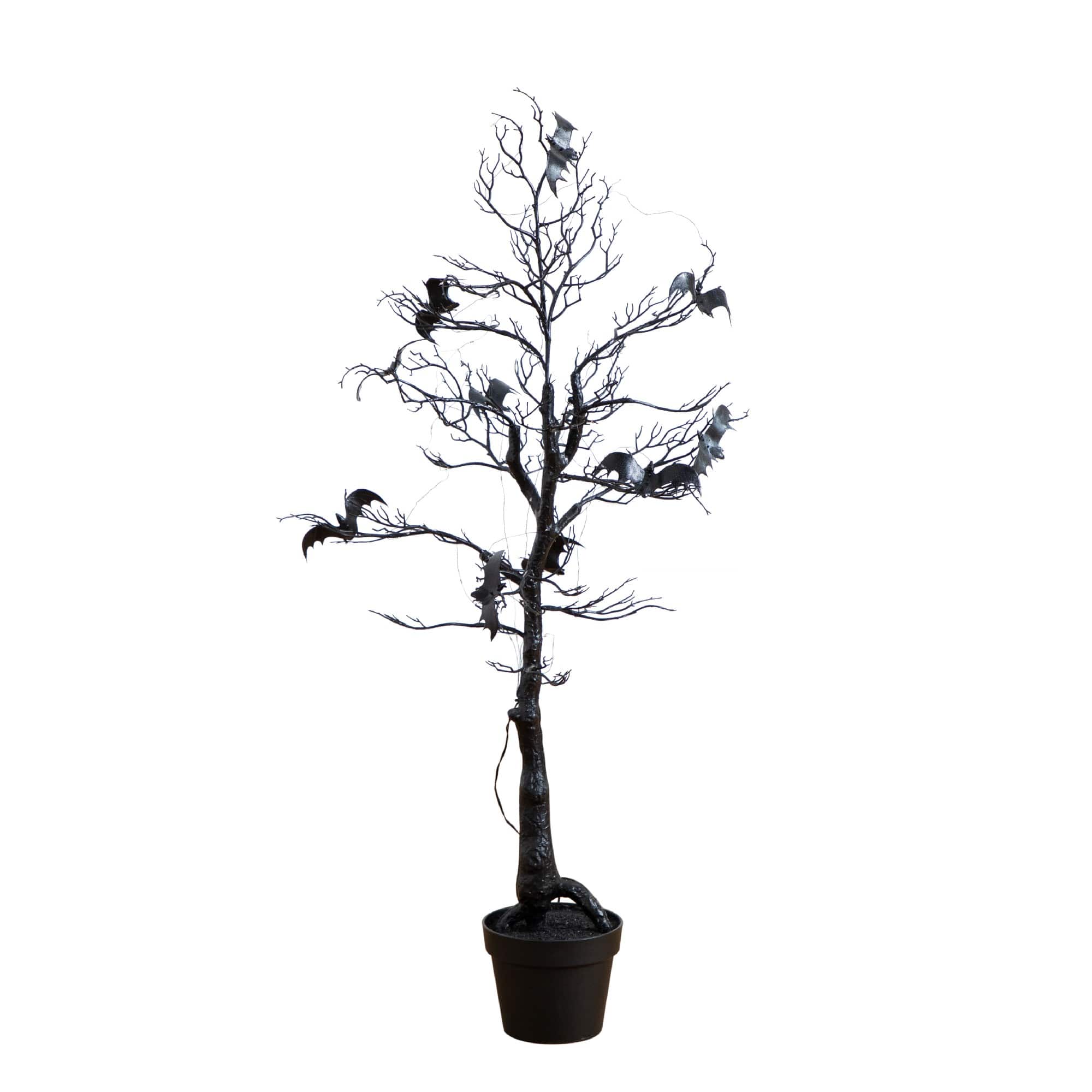 4ft. Pre-Lit Artificial Halloween Black Spooky Twig Tree with Bats and 120 Orange &#x26; Purple LED Lights