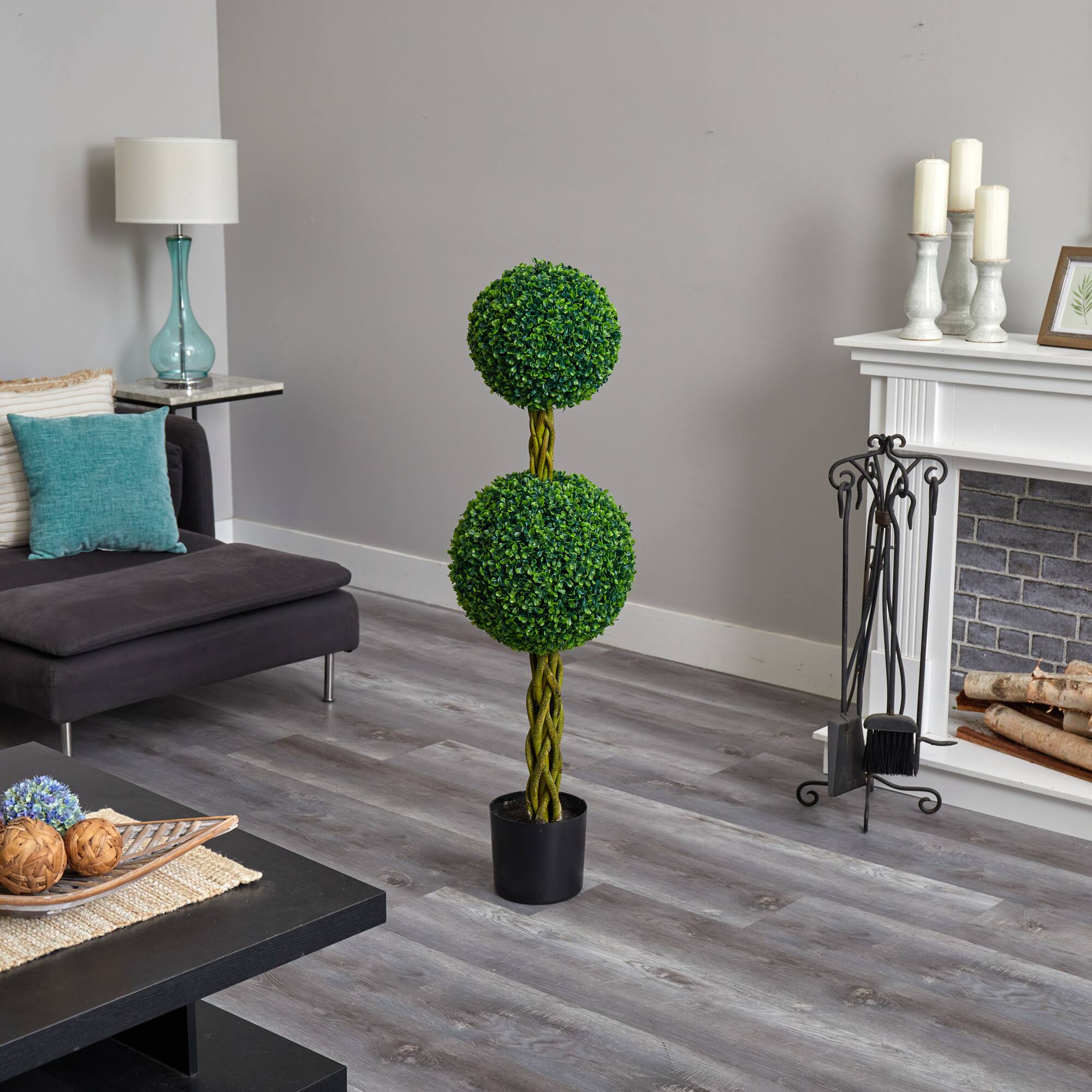 4ft. Potted Boxwood Double Ball Topiary Tree with Woven Trunk