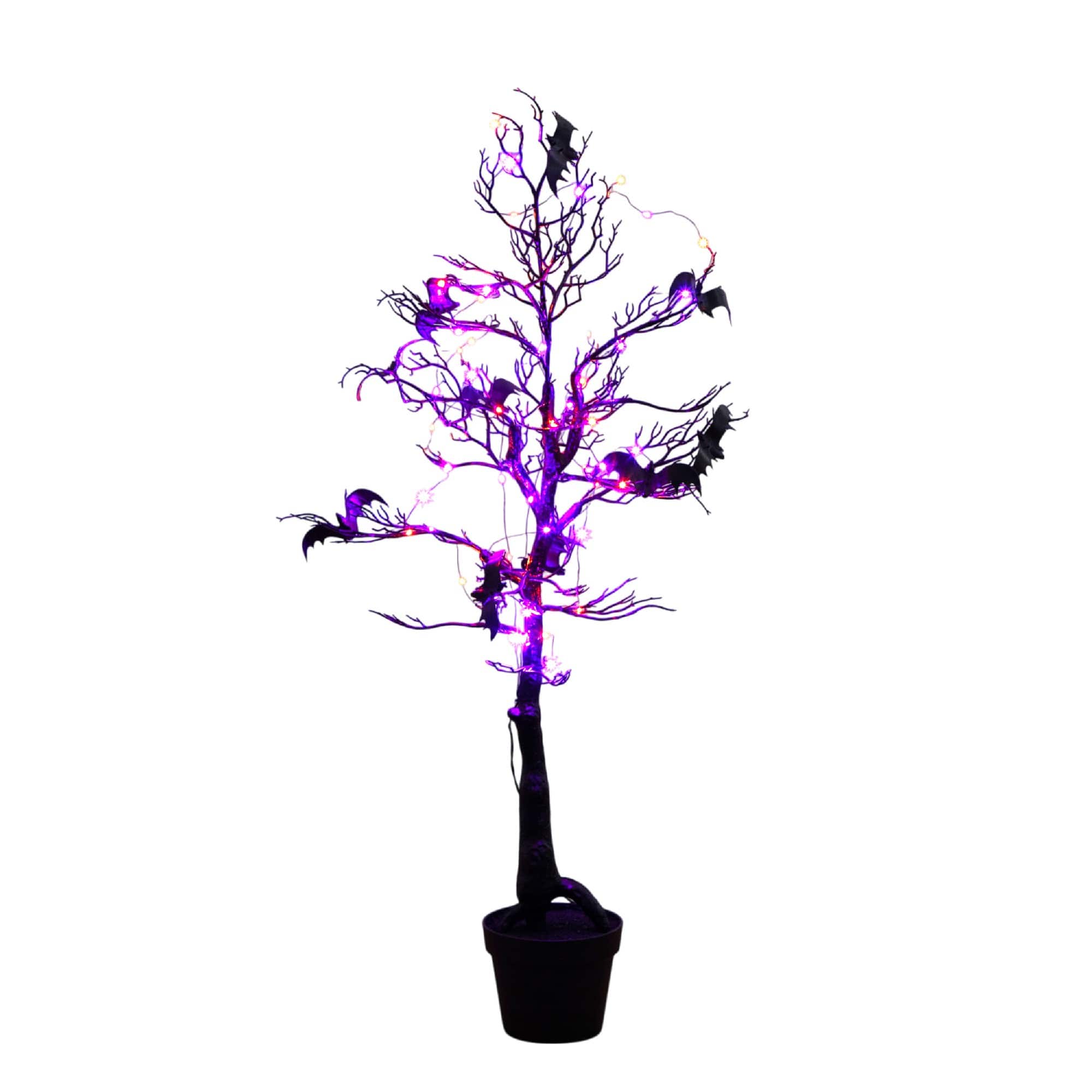 4ft. Pre-Lit Artificial Halloween Black Spooky Twig Tree with Bats and 120 Orange &#x26; Purple LED Lights