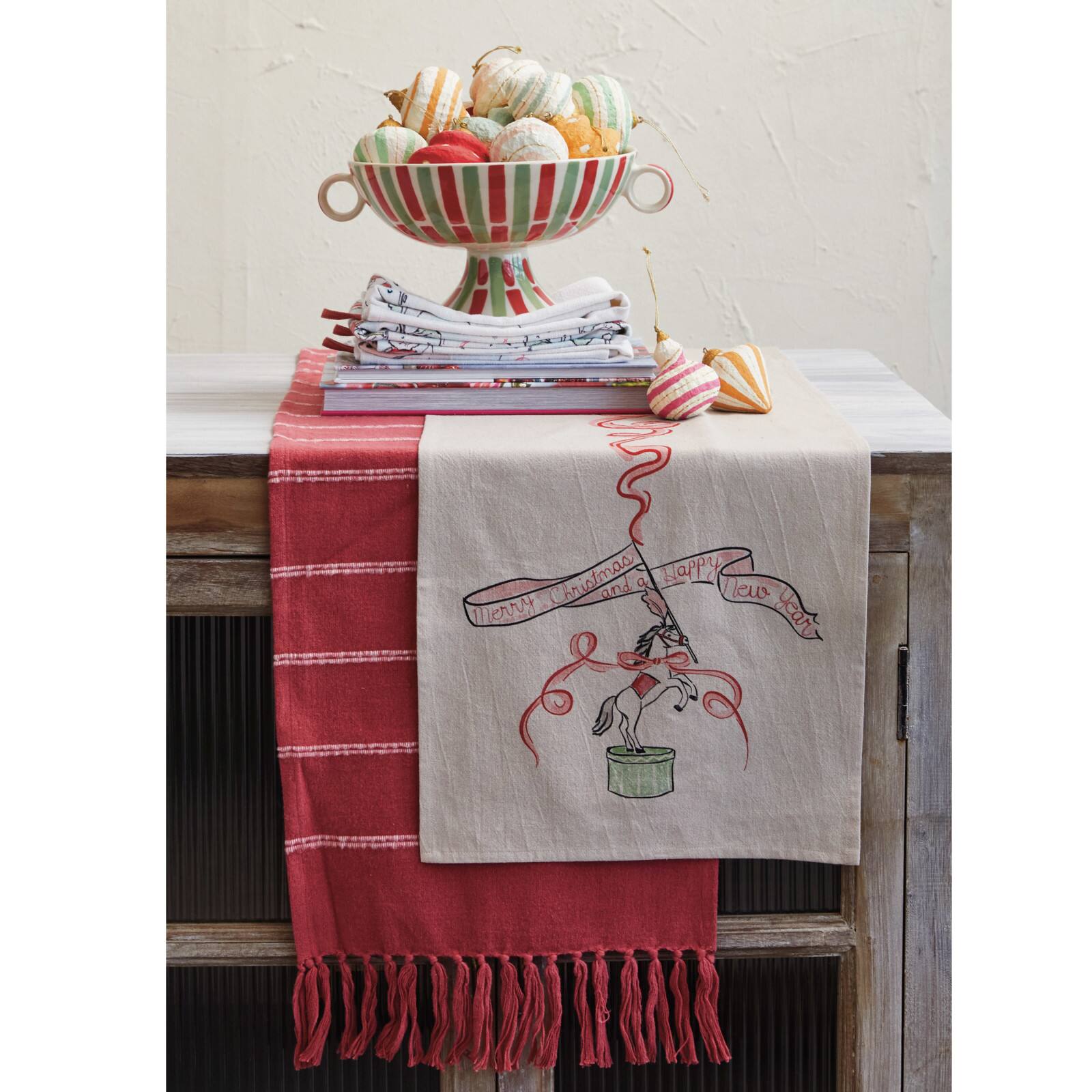 Hello Honey® 72" Multicolor Cotton Chambray Printed Table Runner with Carousel Horse & Ribbon Design
