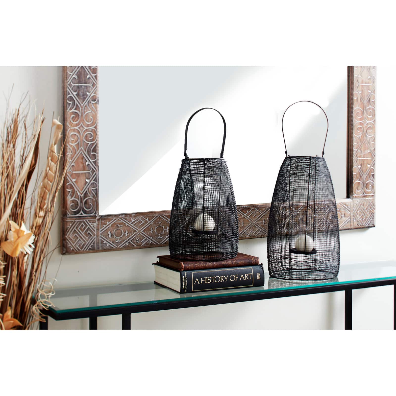Black Iron Modern Candle Holder Lantern, 13&#x22; x 8&#x22; x 8&#x22;