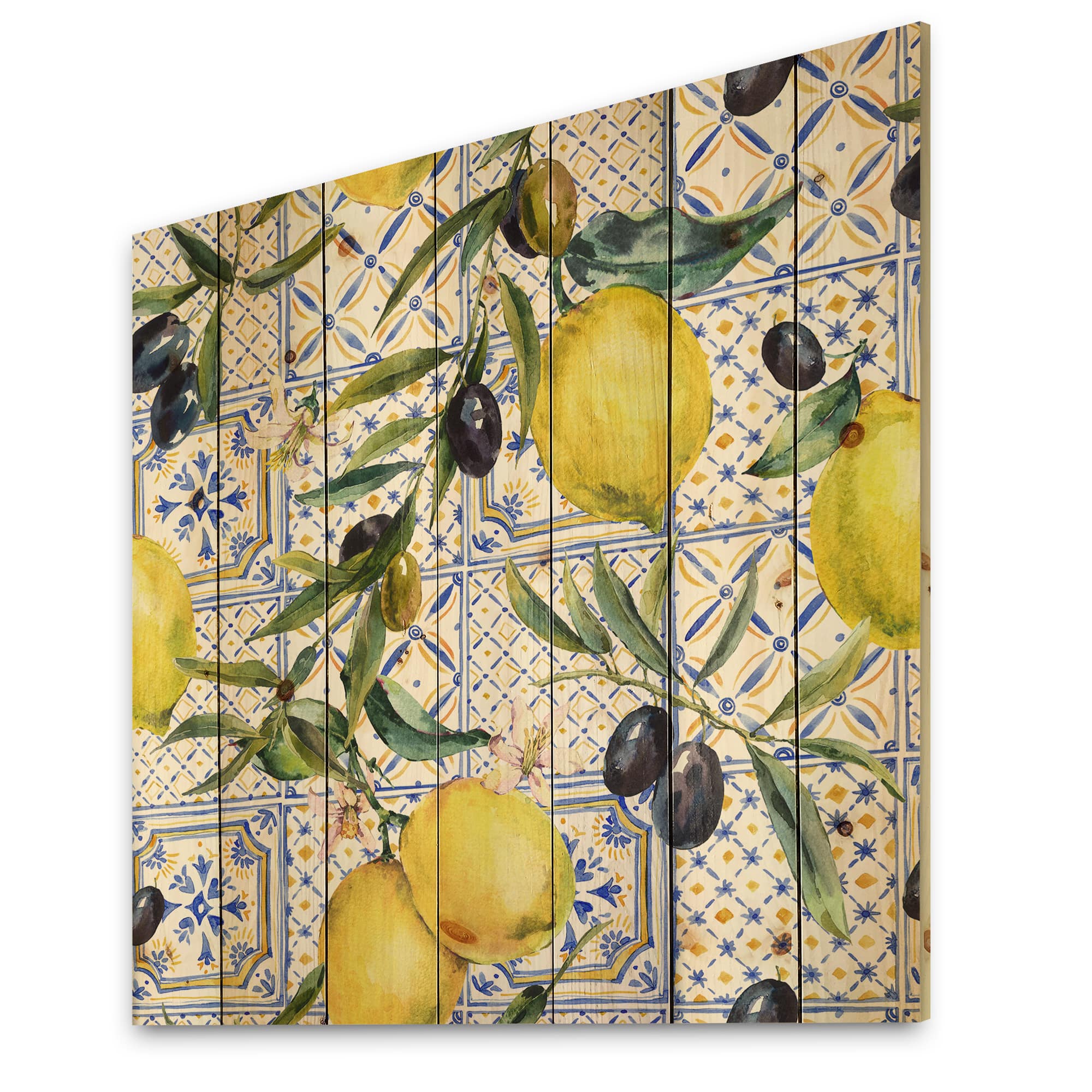 Designart - Lemon Ornament On Blue Geometrical Pattern III - Tropical Print on Natural Pine Wood