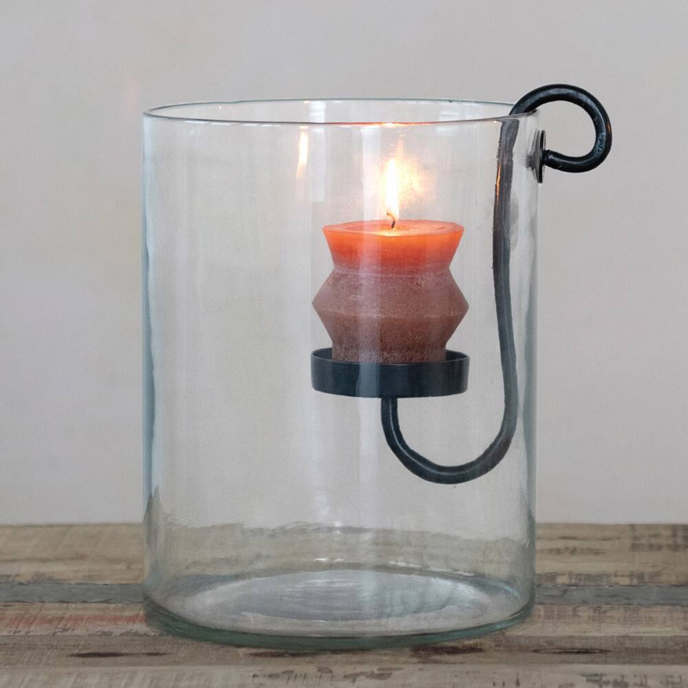 Hello Honey® 9.5" Black Glass Hurricane with Metal Candle Holder