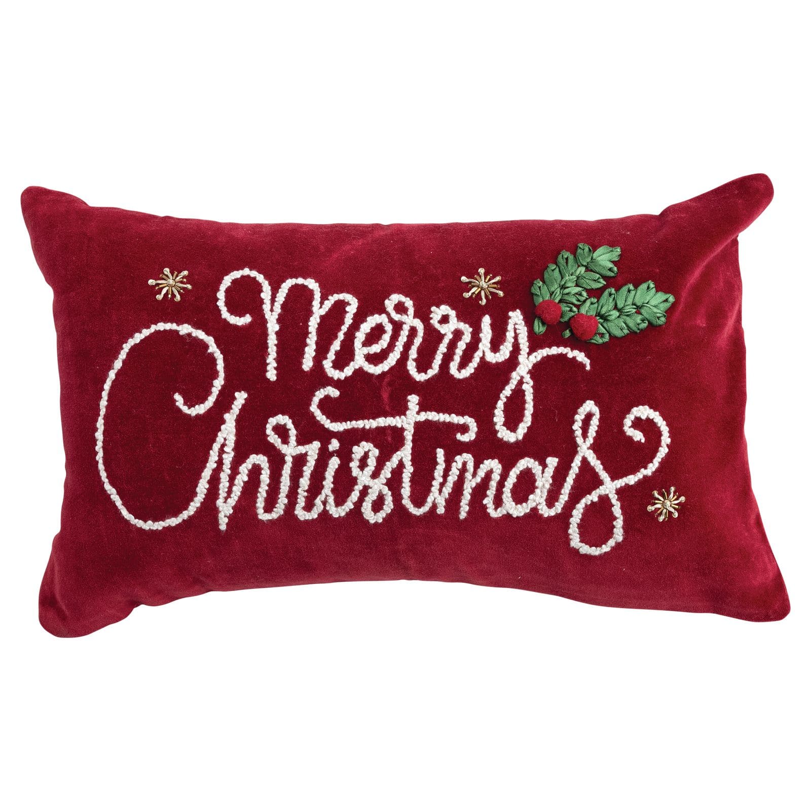 Hello Honey "Merry Christmas" Cotton Velvet Lumbar Pillow, Burgundy, Green and White