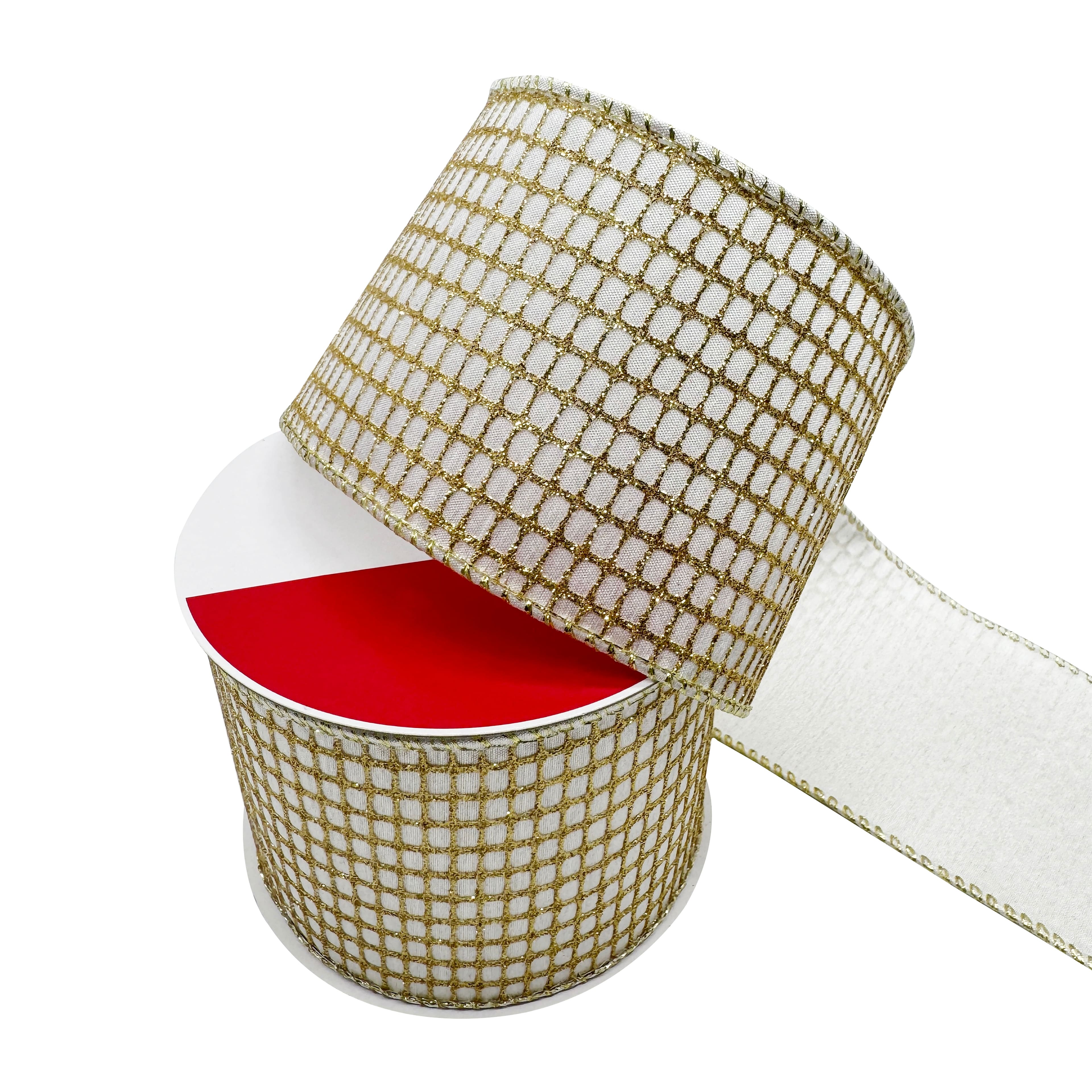 3.5" x 15ft. Cream & Gold Glitter Grid Wired Ribbon by Celebrate It®