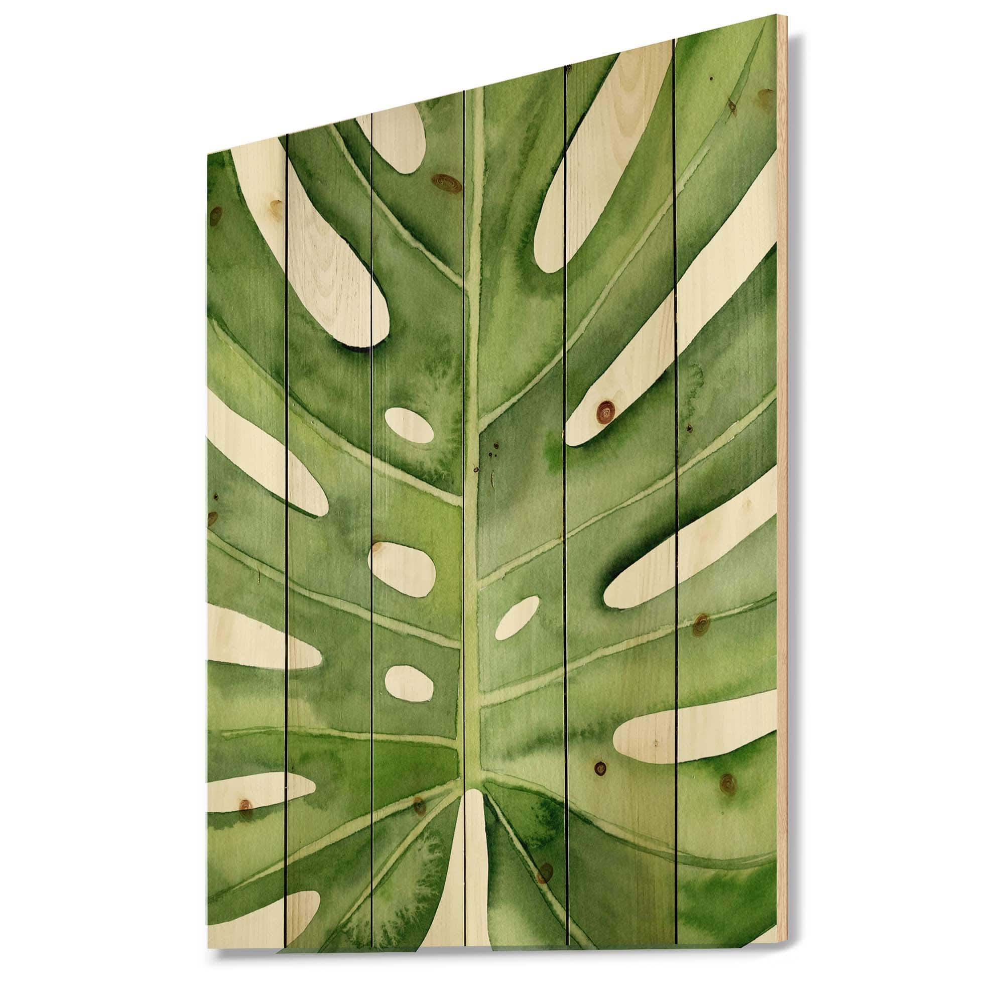 Designart - Green Monstera Leaf Tropical Palm Botanical Detail - Tropical Print on Natural Pine Wood