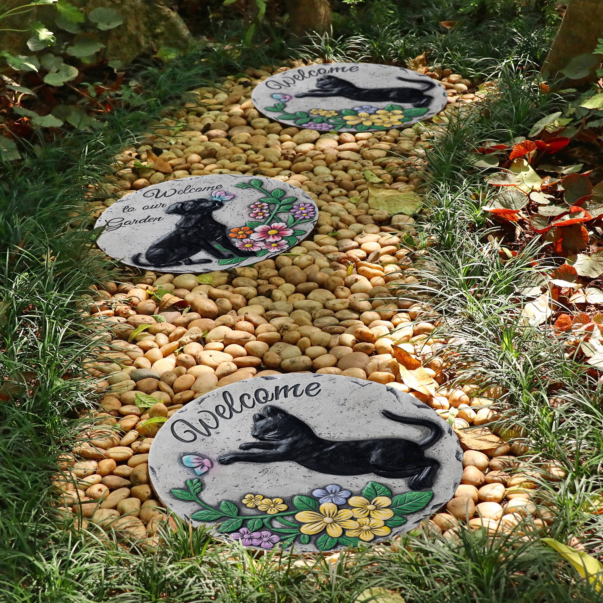 Glitzhome® 10" Set of 2 Cement Cat and Dog Textured Stepping Stones