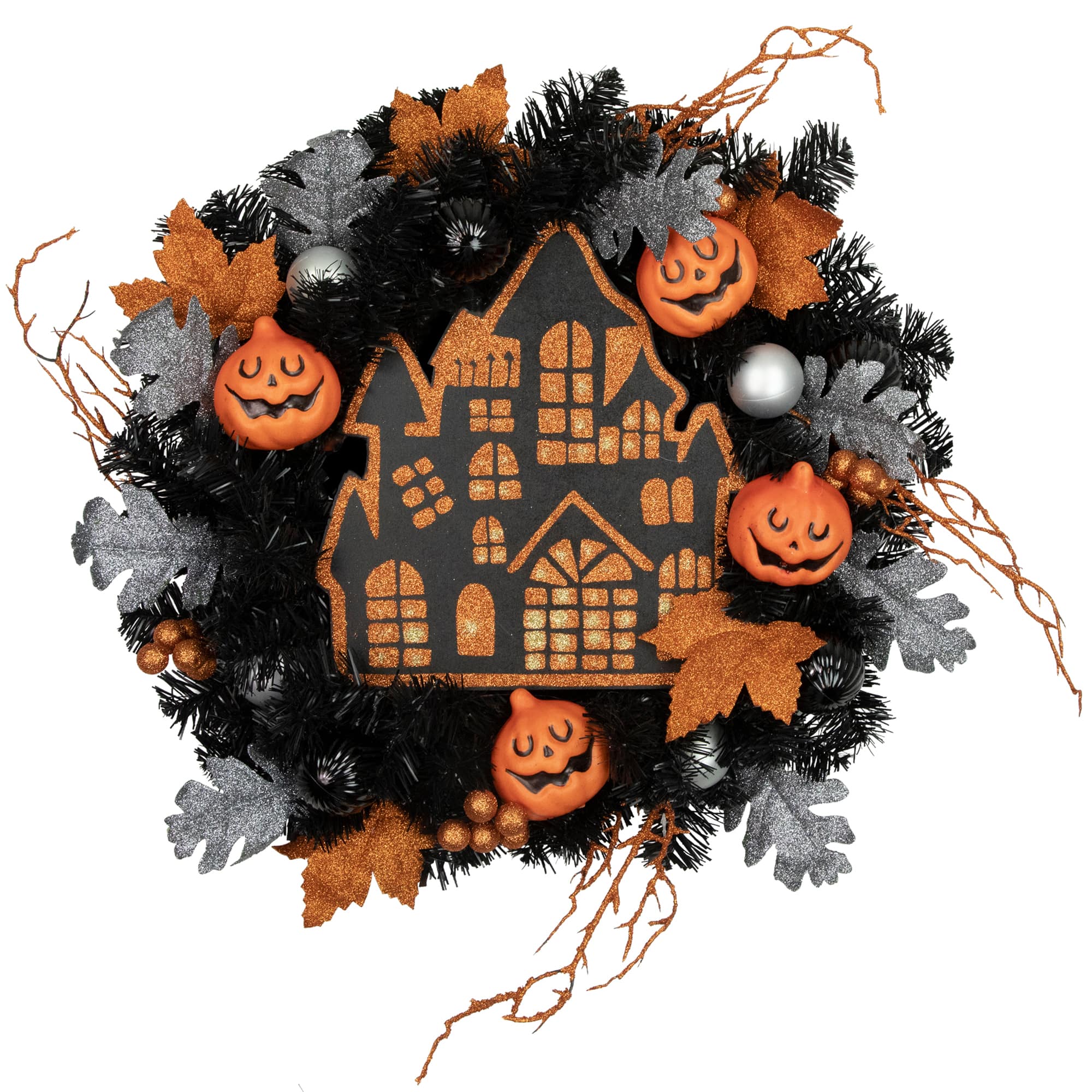 24&#x27;&#x27; Unlit Orange and Black Haunted House Halloween Wreath