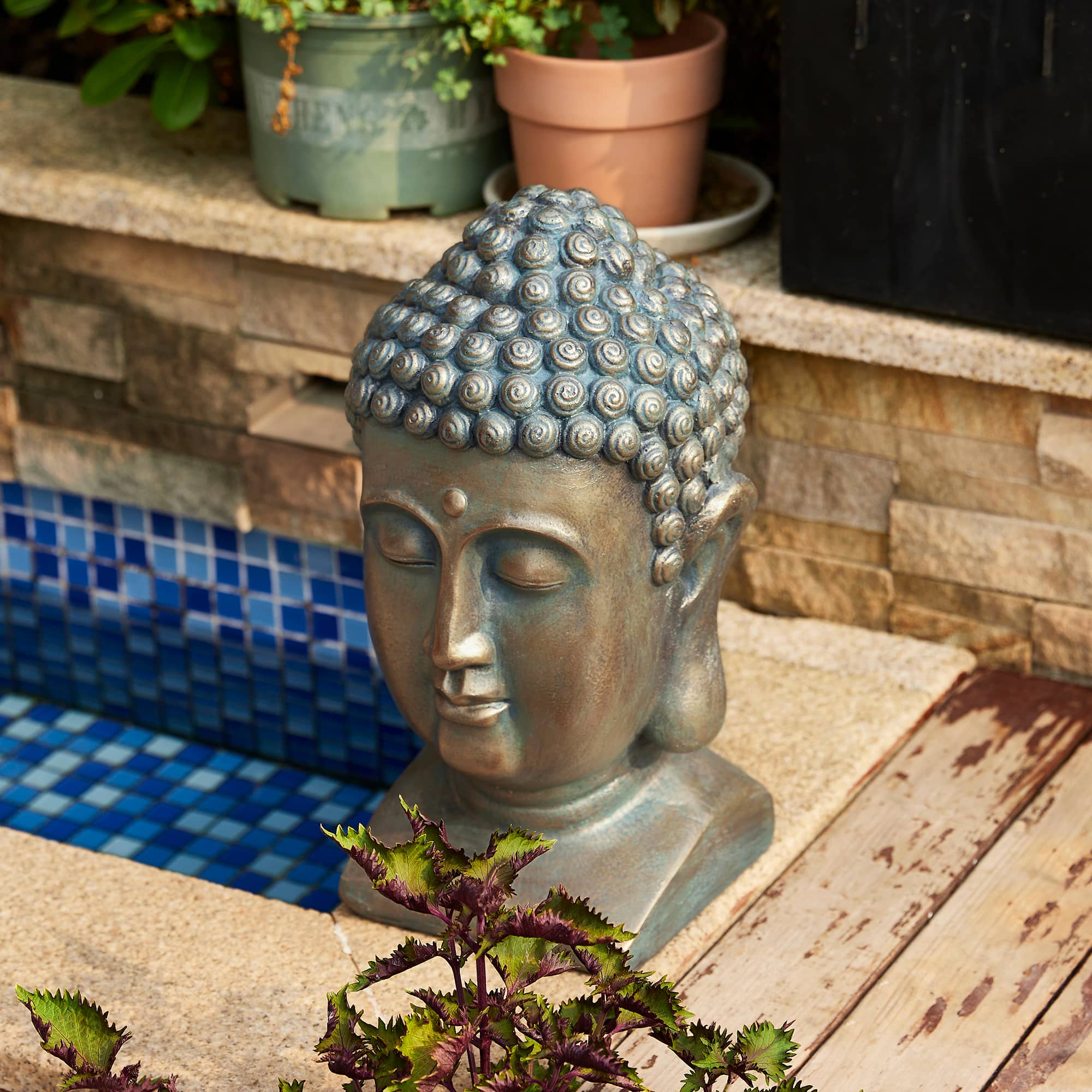 Glitzhome® 16" Faux Bronze Buddha Head Garden Statue