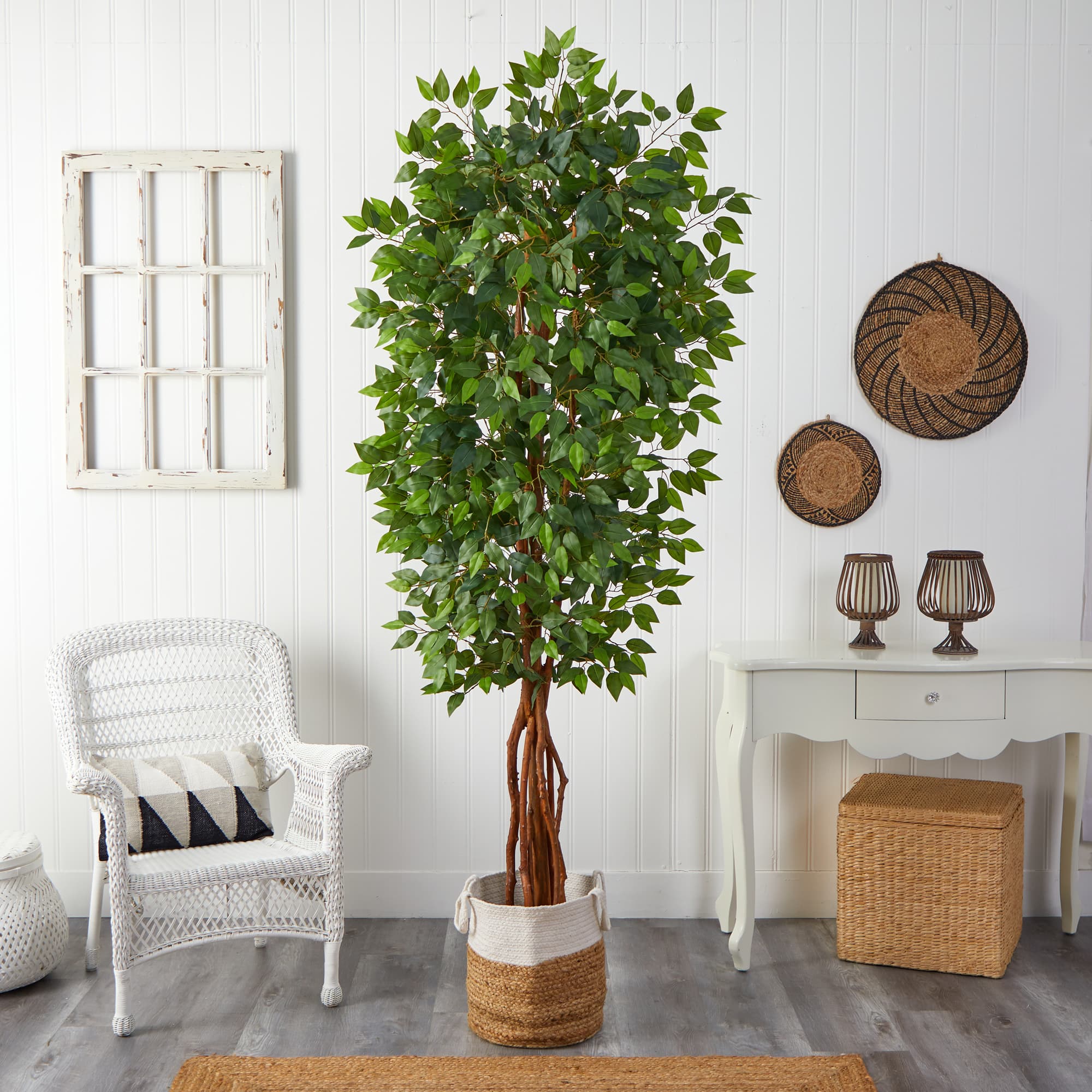 7.5ft. Artificial Deluxe Ficus Tree with Handmade Jute &#x26; Cotton Basket